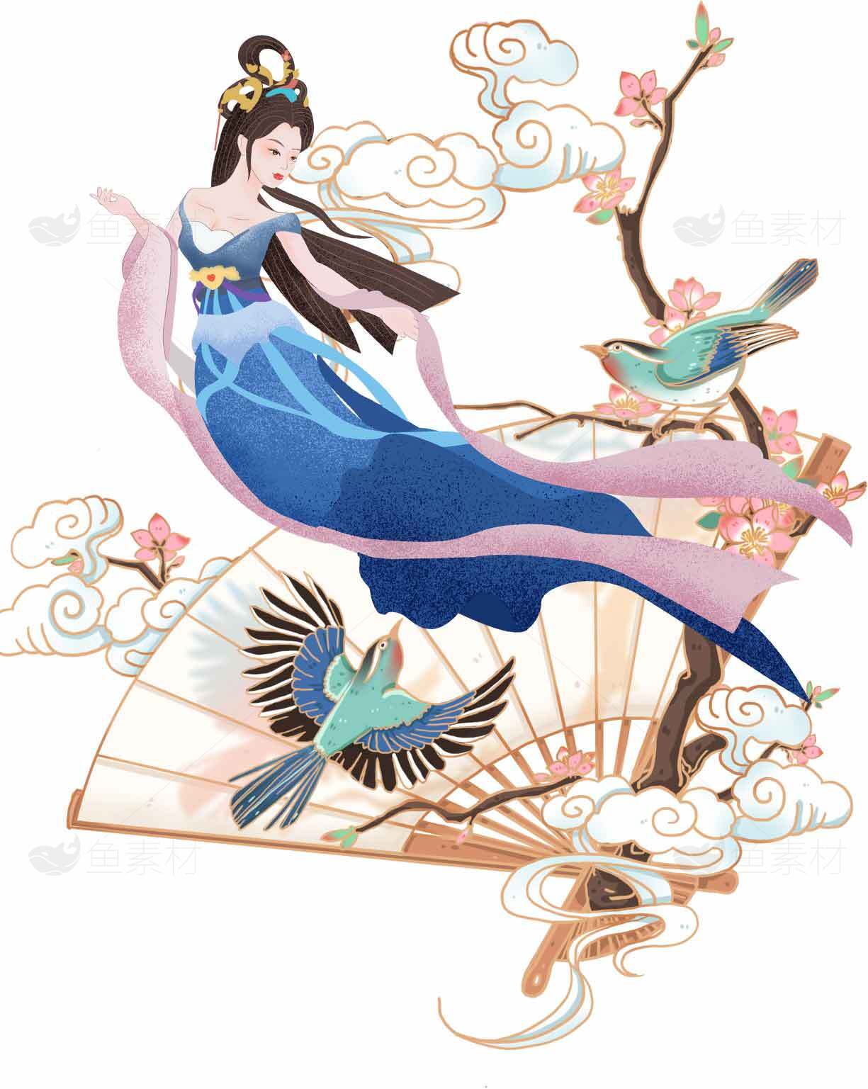 古风插画：飞舞的仙女与蓝色飞鸟素材