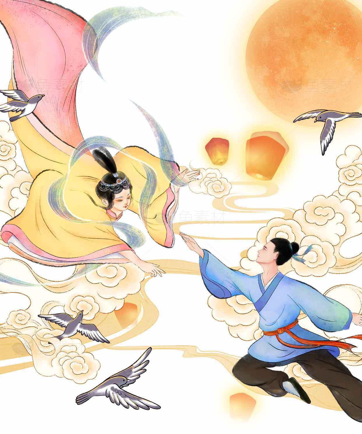 七夕浪漫相遇唯美鹊桥插画素材