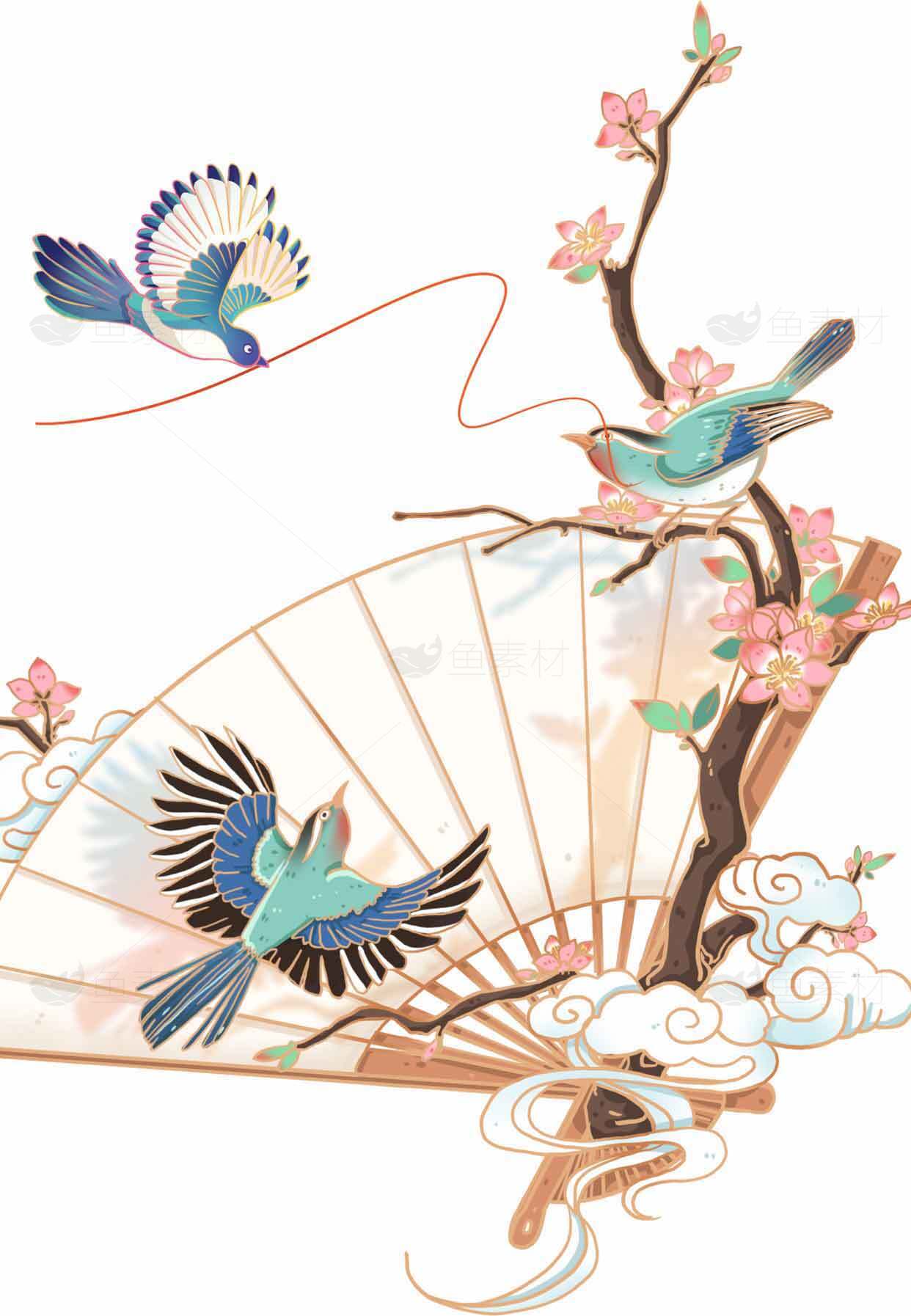 国风手绘扇面与飞鸟插画设计素材