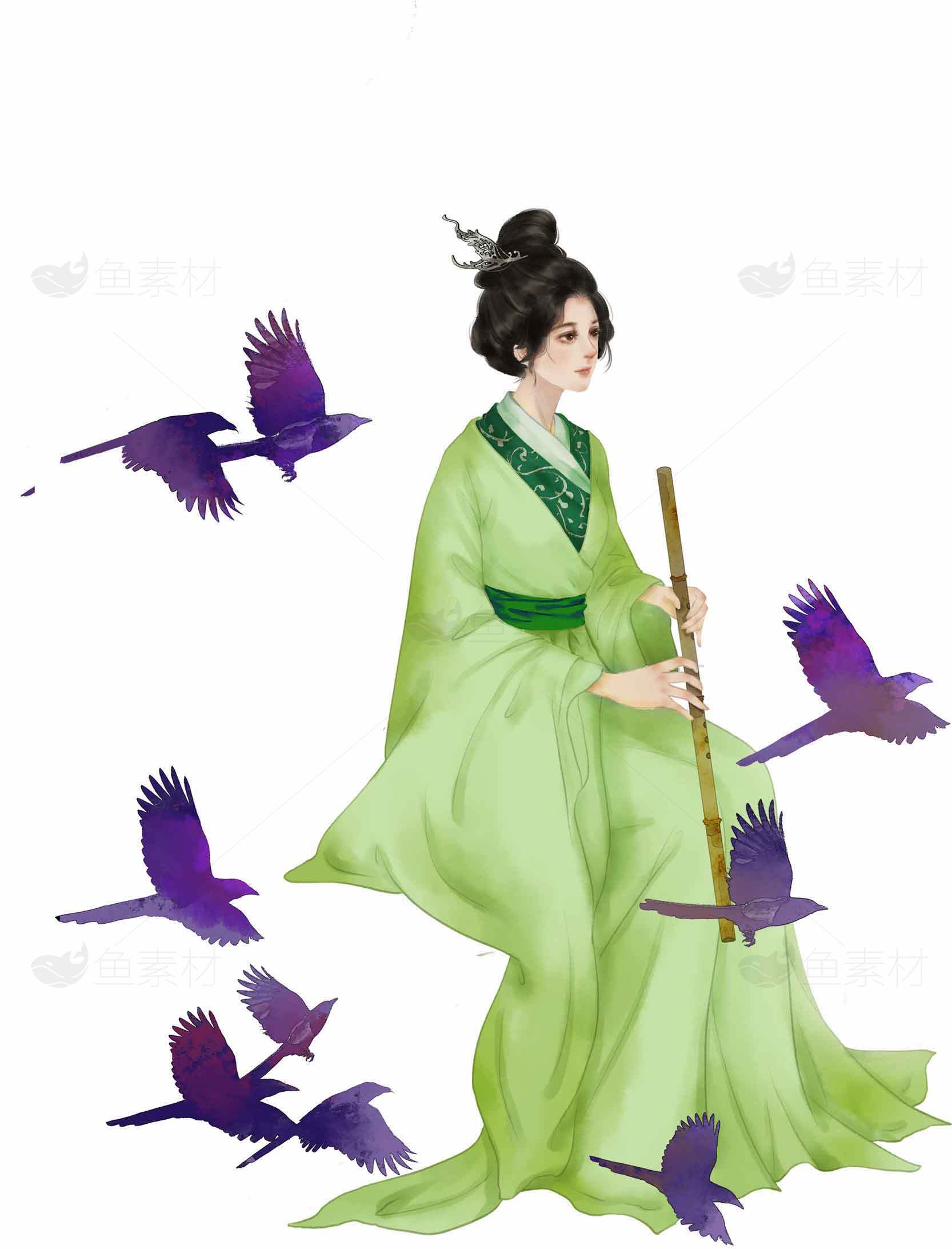 古风女子与紫色飞鸟插画素材