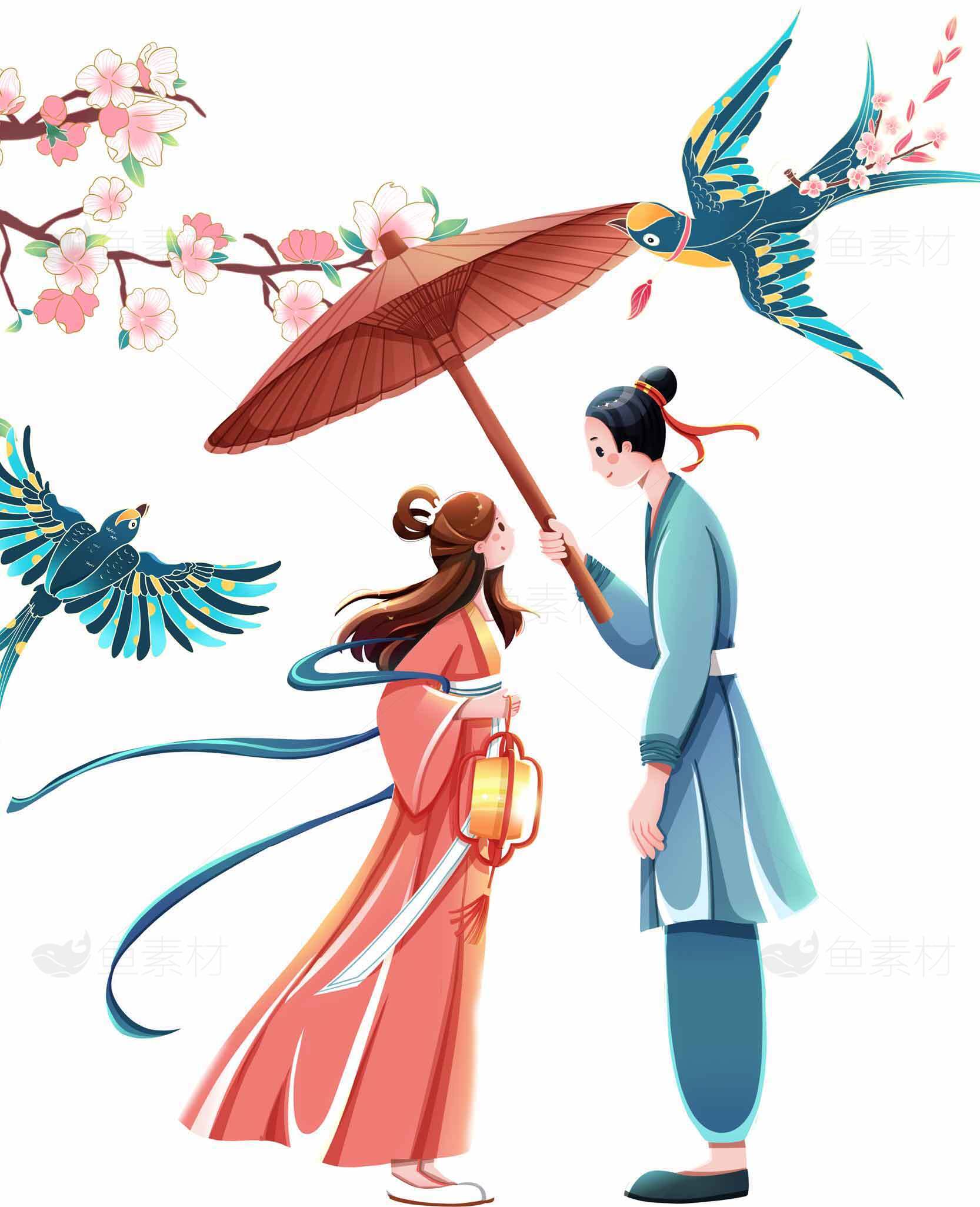 中国传统浪漫插画：古风情侣与春日燕子素材