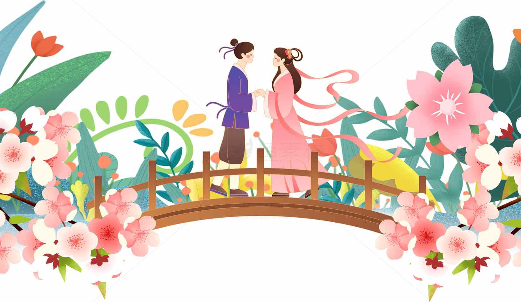 七夕节浪漫插画：情侣鹊桥相会唯美场景素材