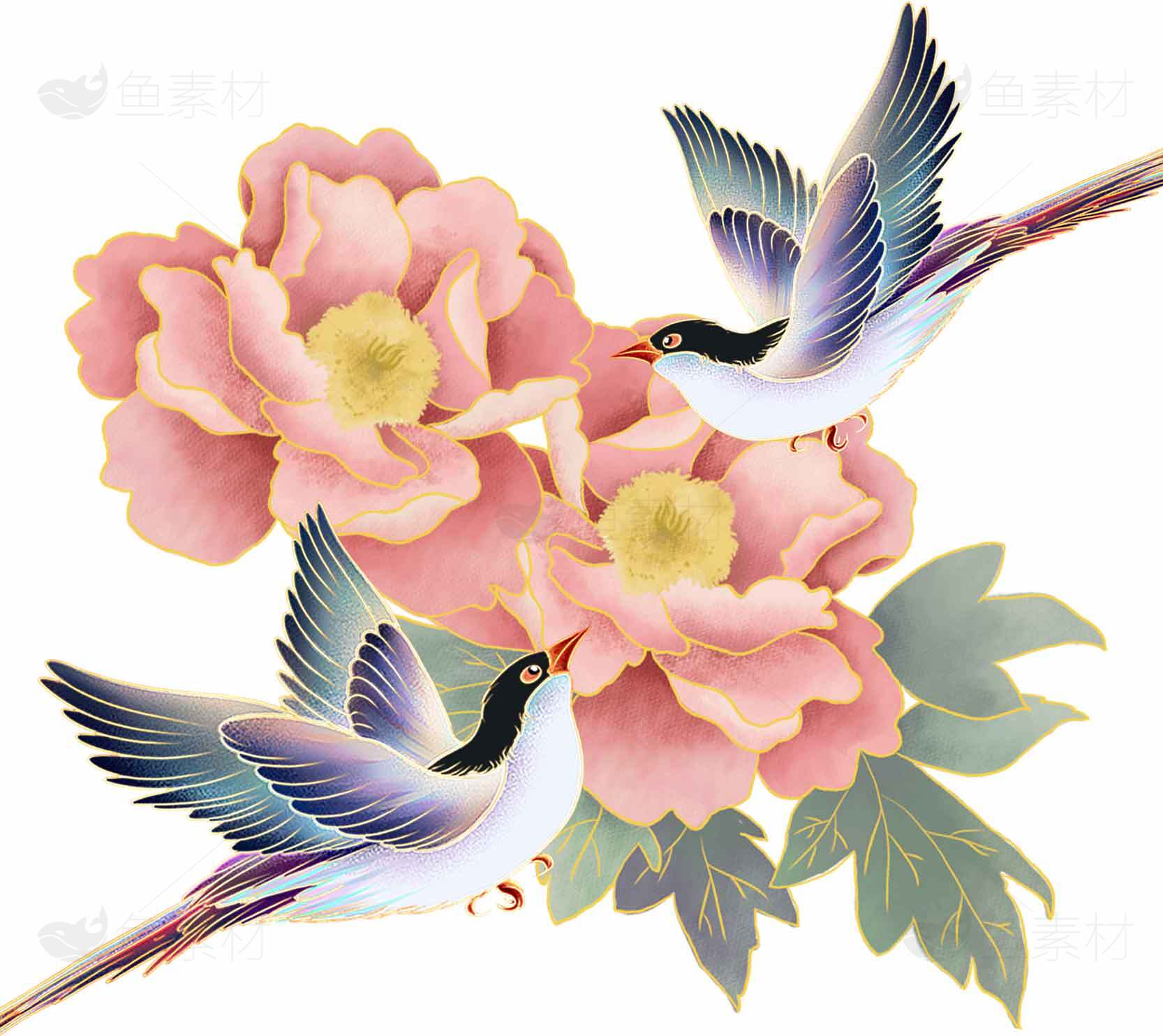 唯美花鸟图：粉色牡丹与飞燕的自然艺术素材