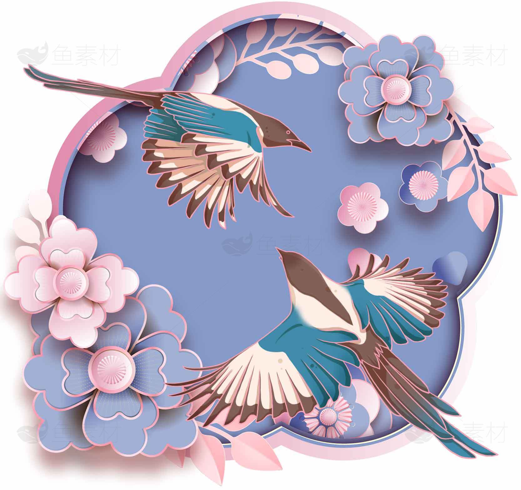唯美剪纸风喜鹊与花卉设计图片素材