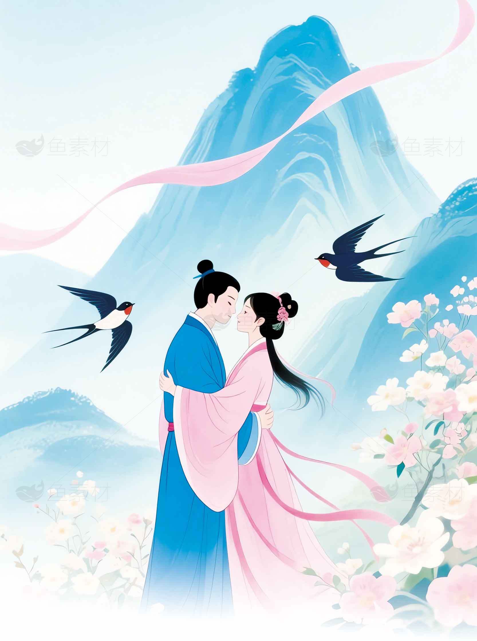 牛郎织女七夕相会唯美插画素材