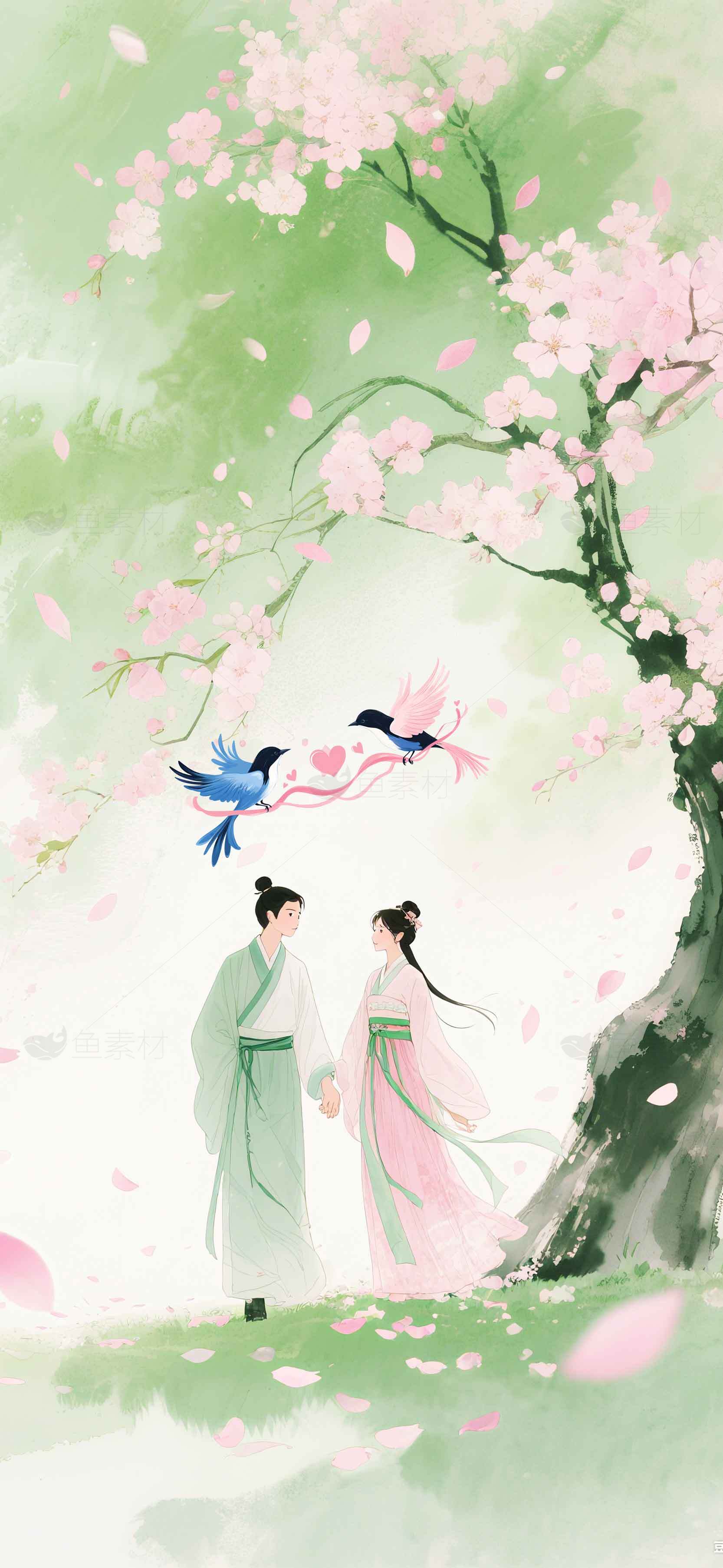 唯美古风情侣插画：春日樱花树下的浪漫邂逅素材
