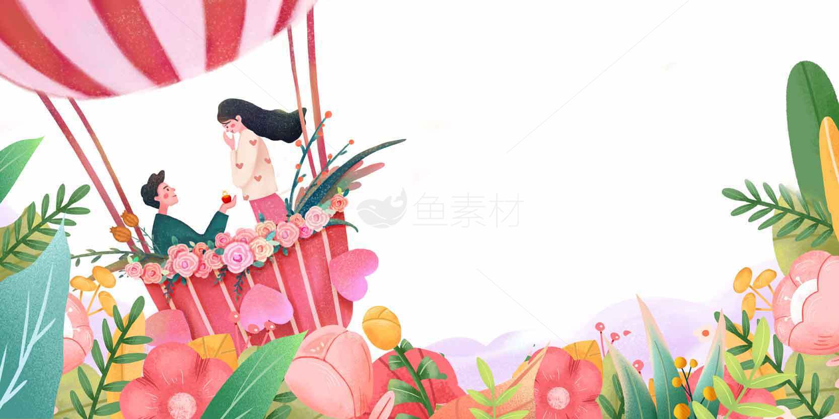 浪漫热气球情侣插画背景图片素材