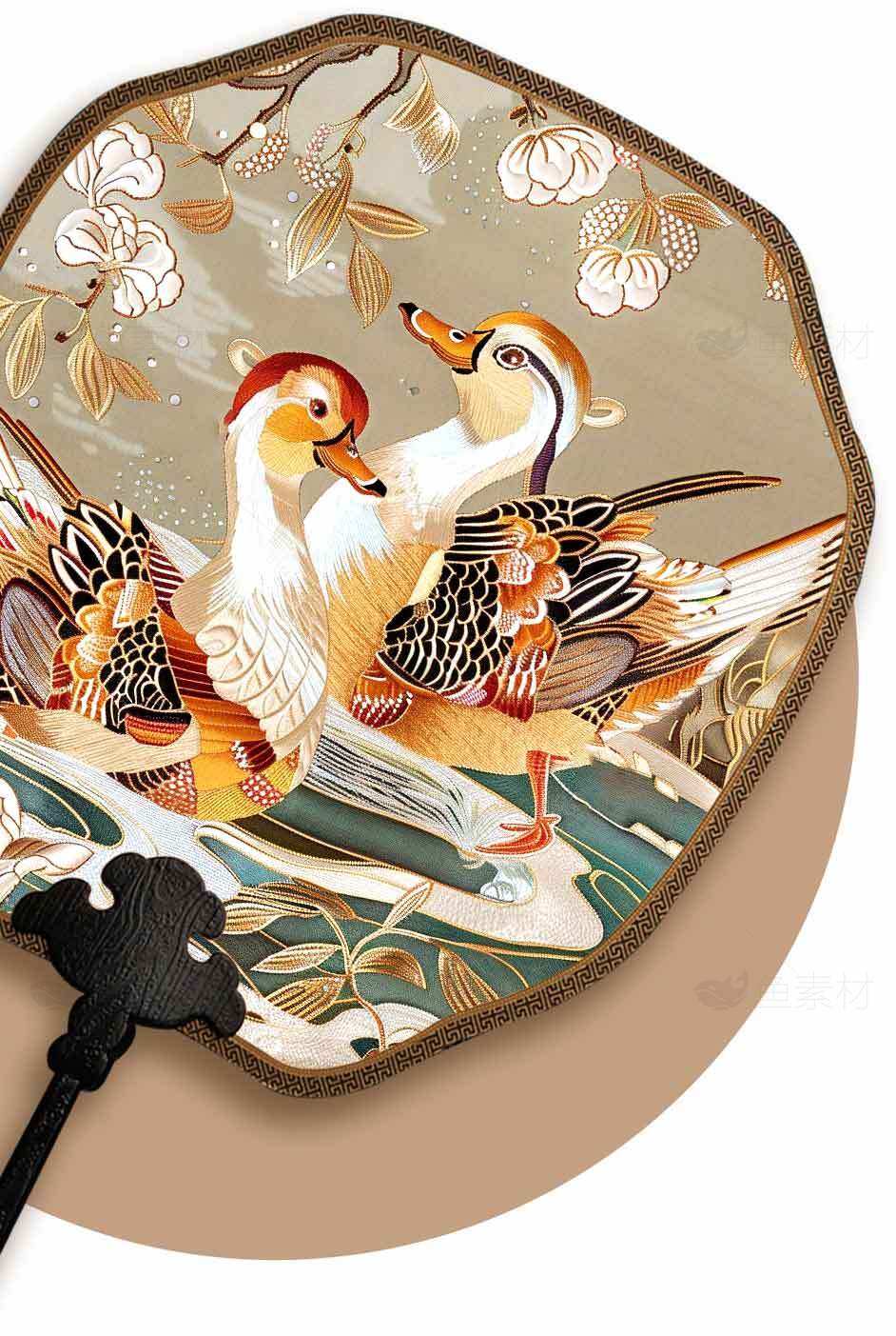 传统手工艺品：精美鸳鸯团扇设计素材