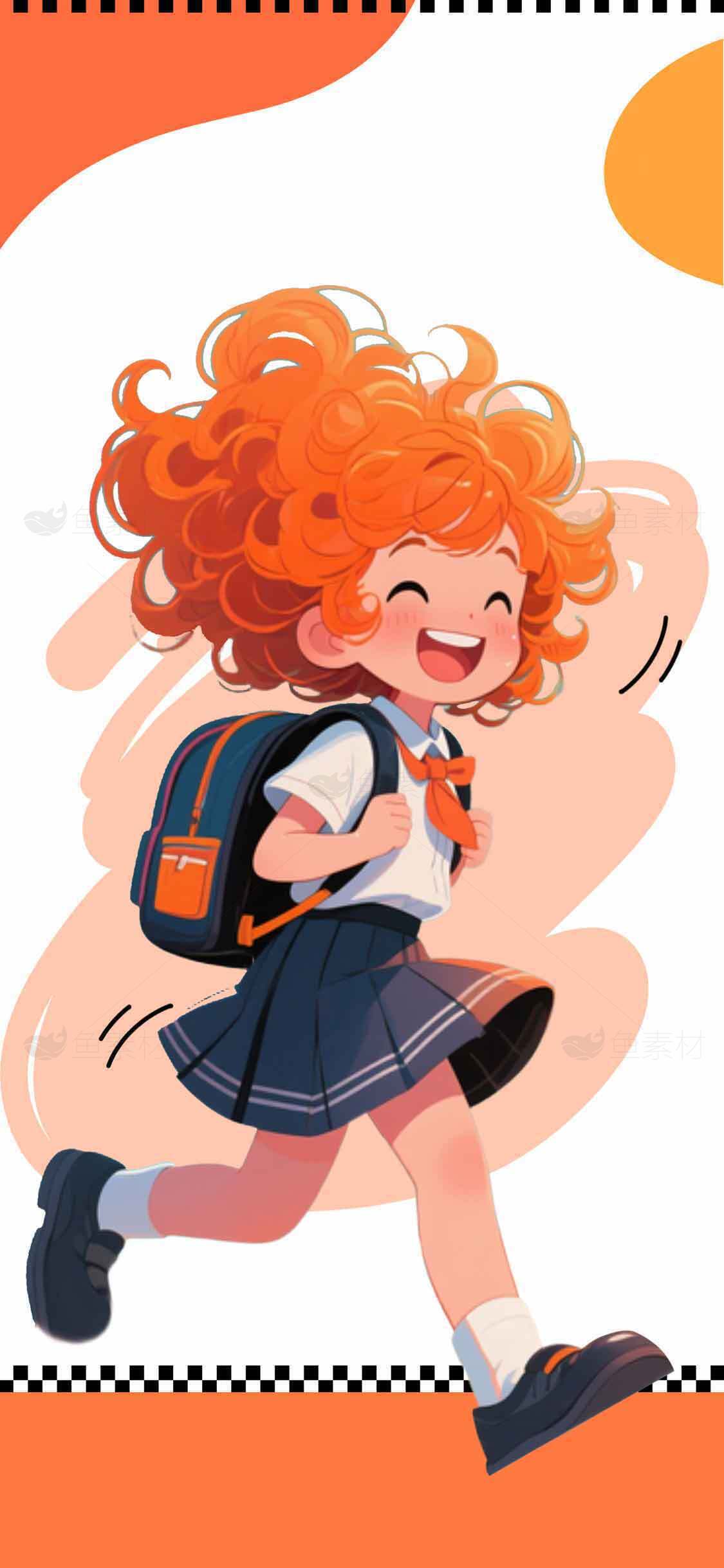 活力满满的红发女孩校园生活插画素材