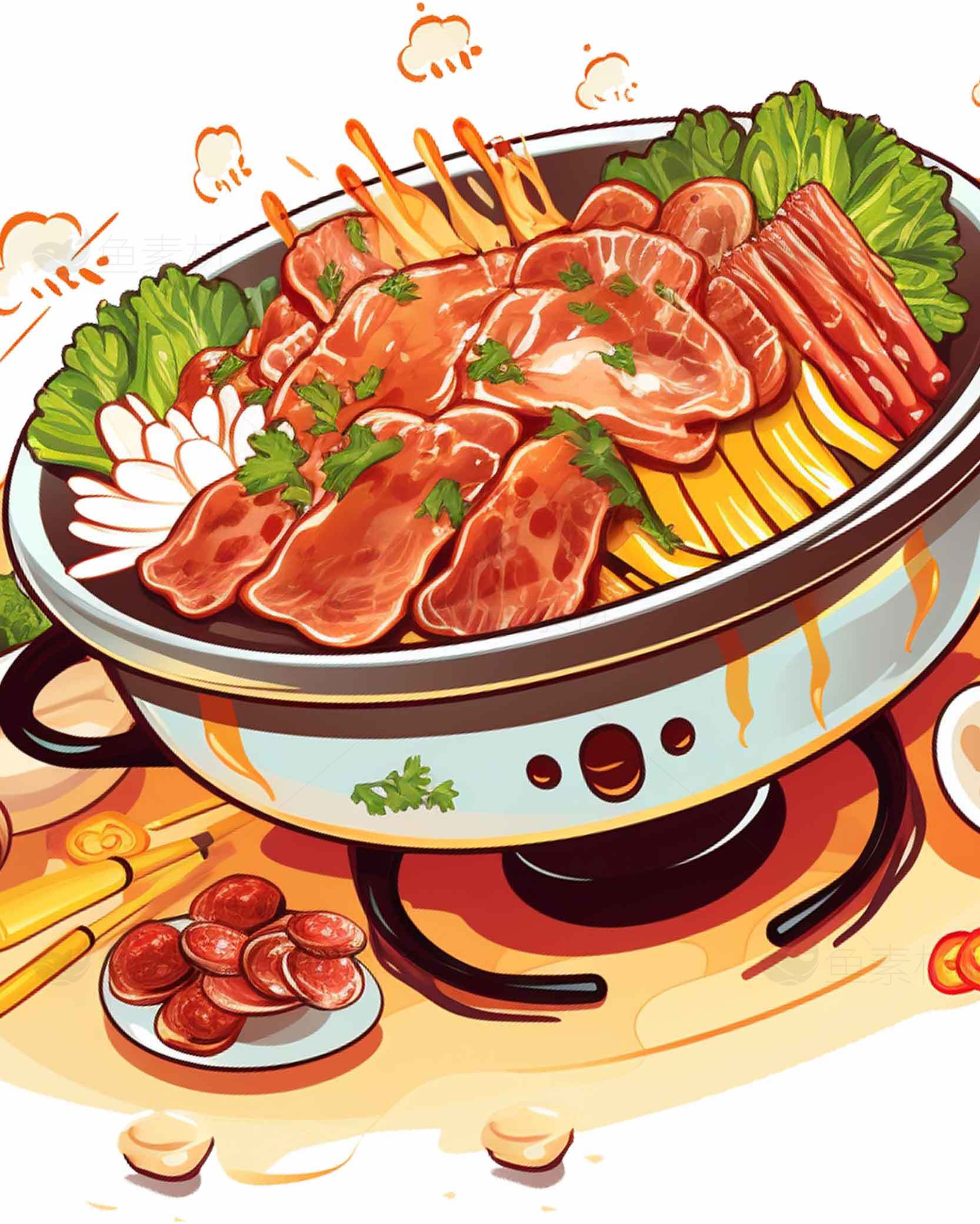 美味火锅插画：丰富食材与热气腾腾的享受素材