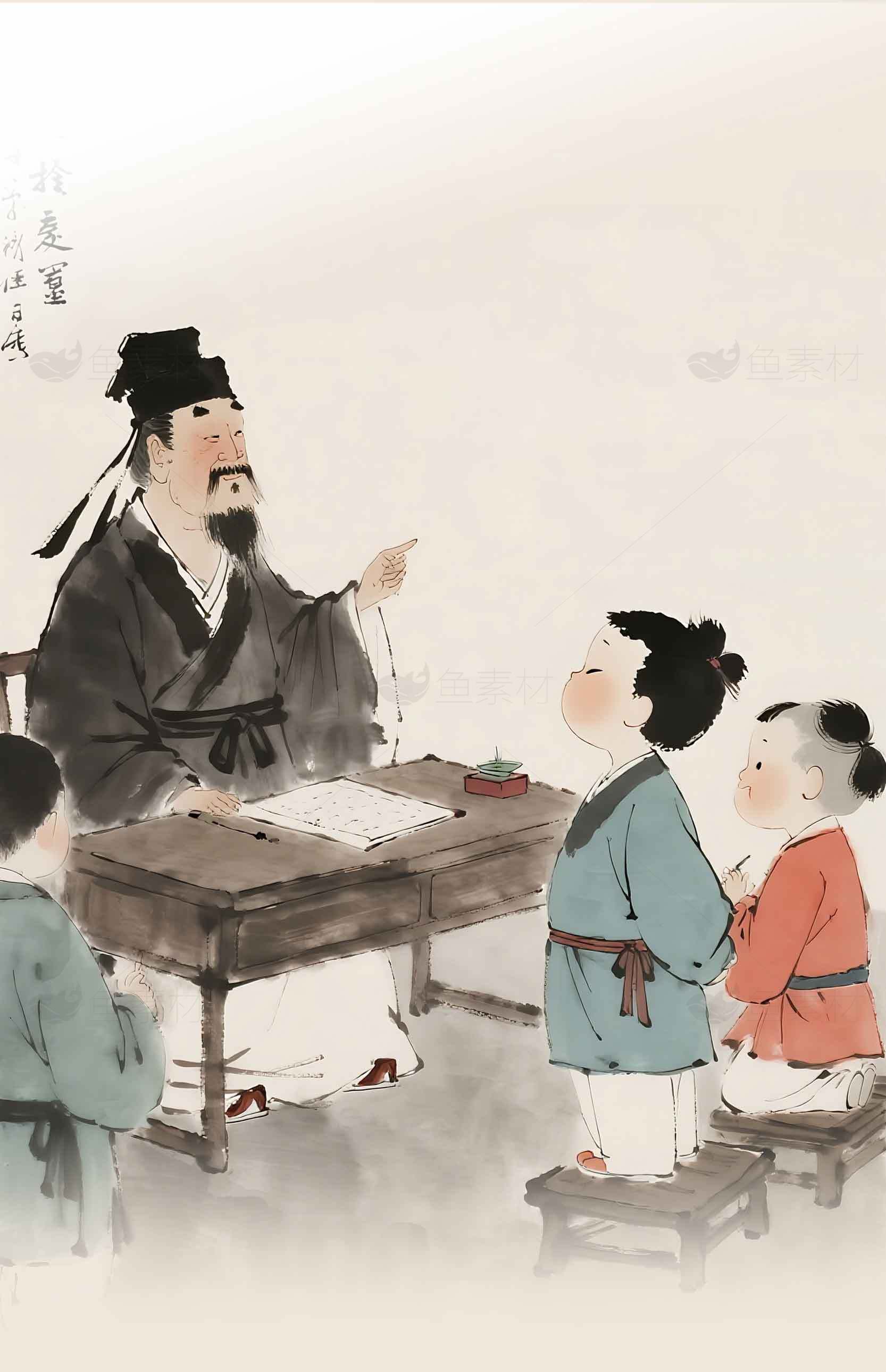 传统国画风格的私塾教育场景素材