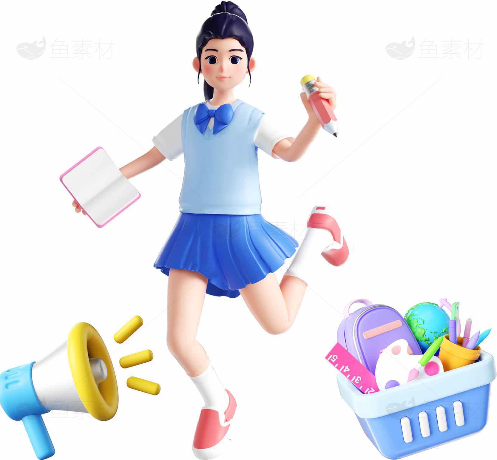 卡通学生形象与学习用品创意设计素材
