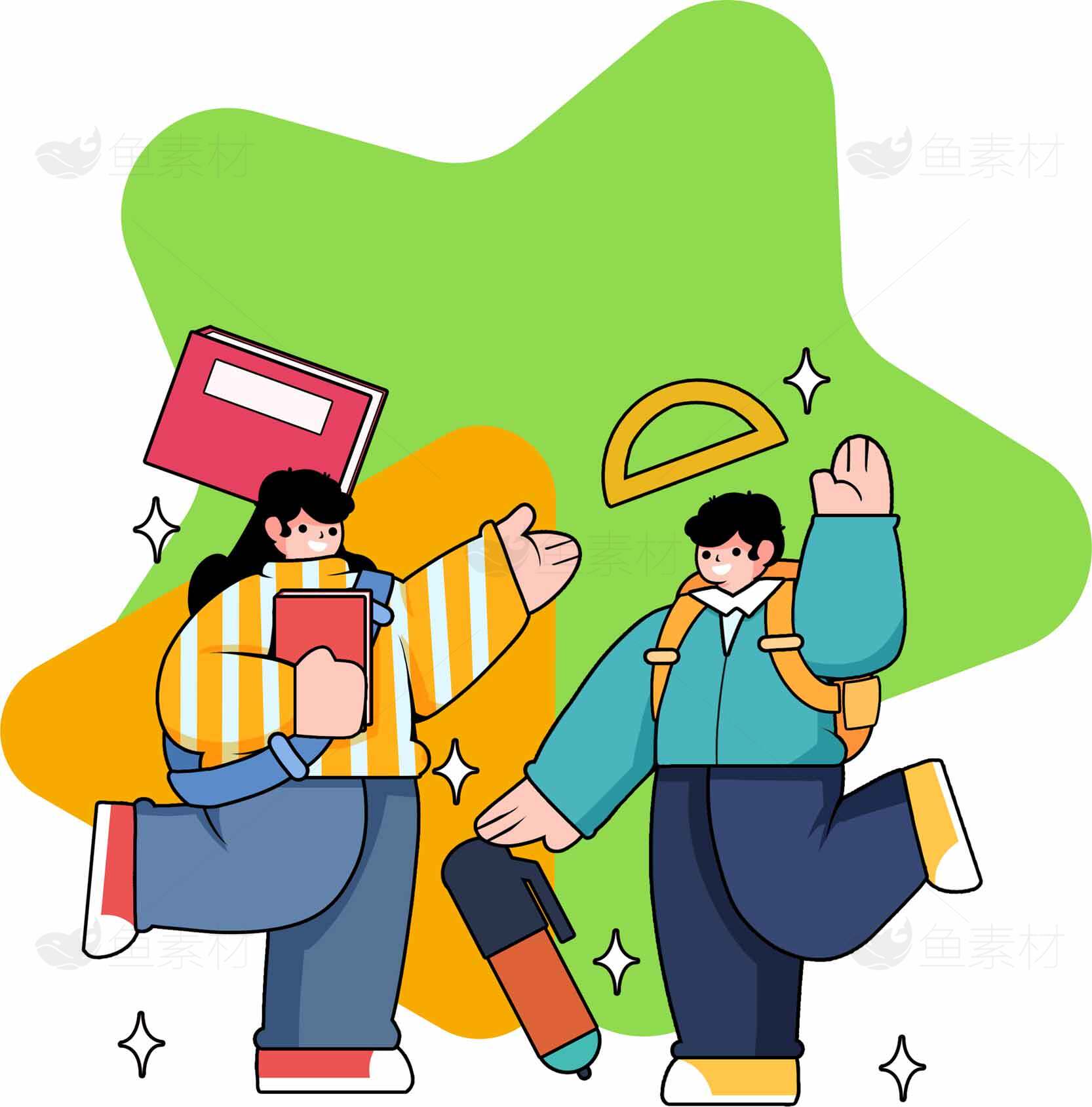 卡通风格学生插画：校园生活与学习场景素材