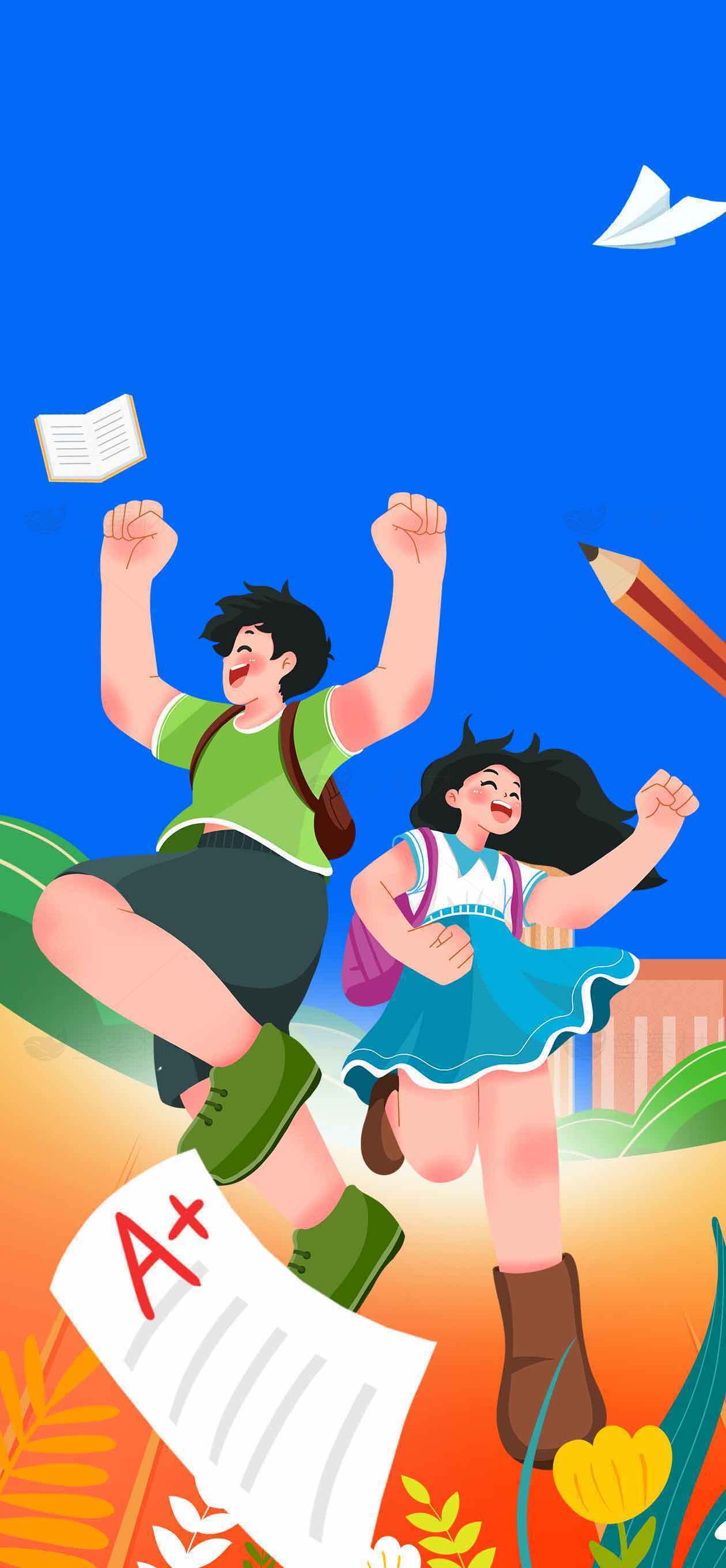 学生庆祝优异成绩的卡通插画素材