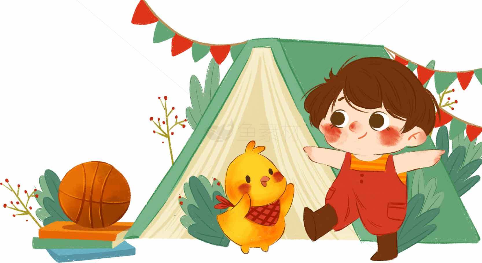 儿童户外露营插画：小男孩与小鸭子的温馨时光素材