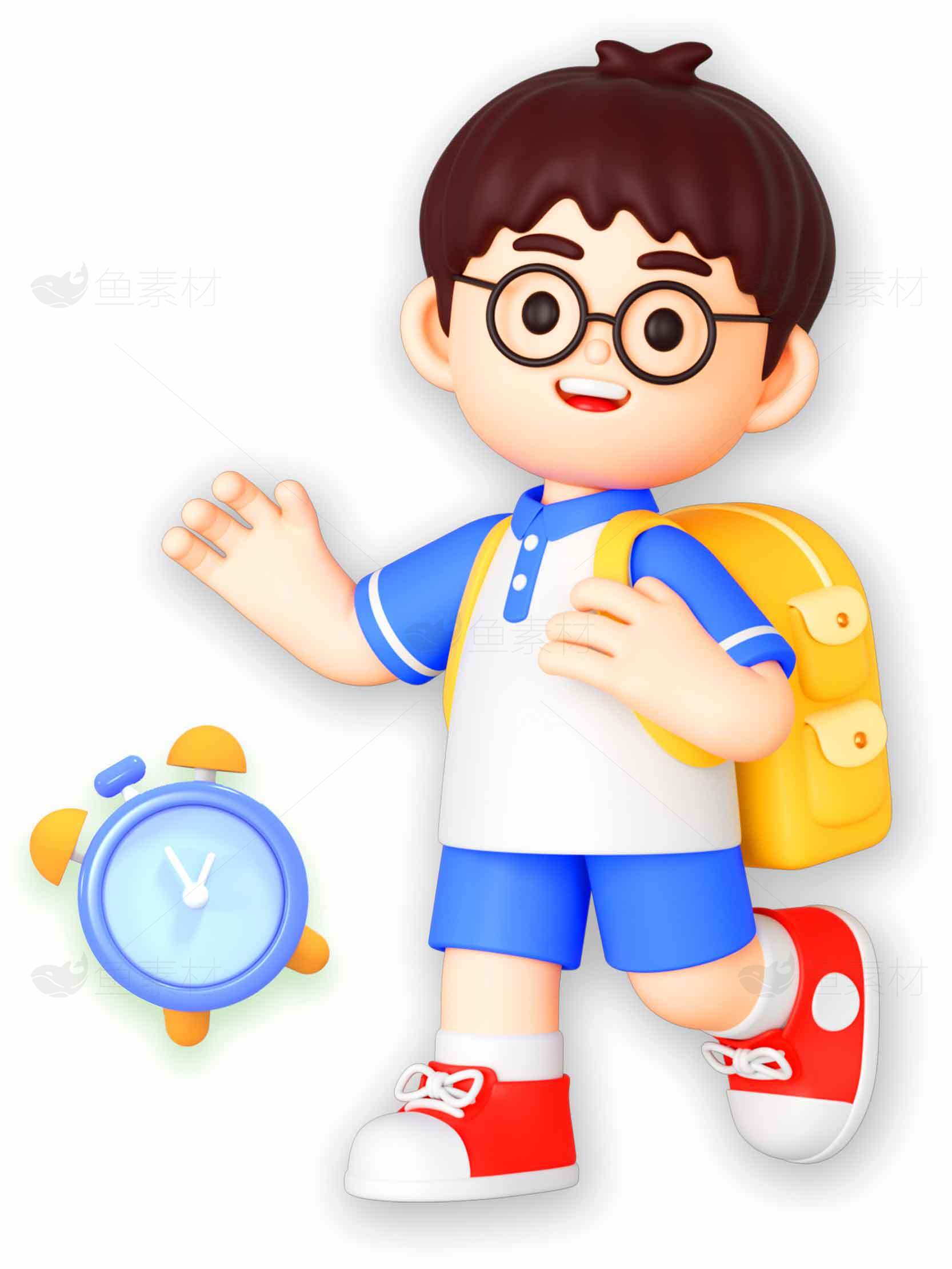 卡通学生形象与闹钟插画设计素材