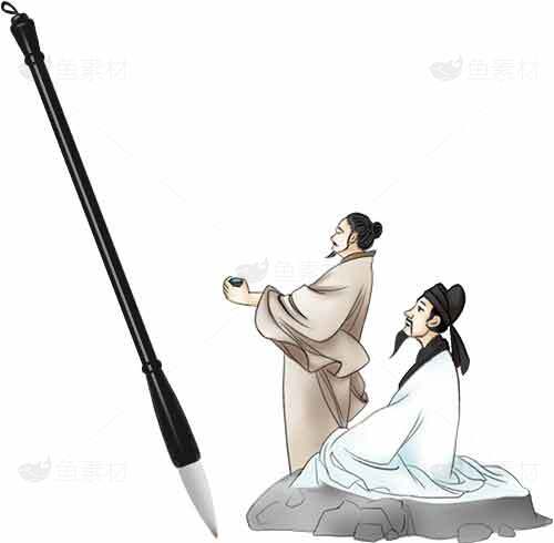 中国传统书法毛笔与古代文人插画素材
