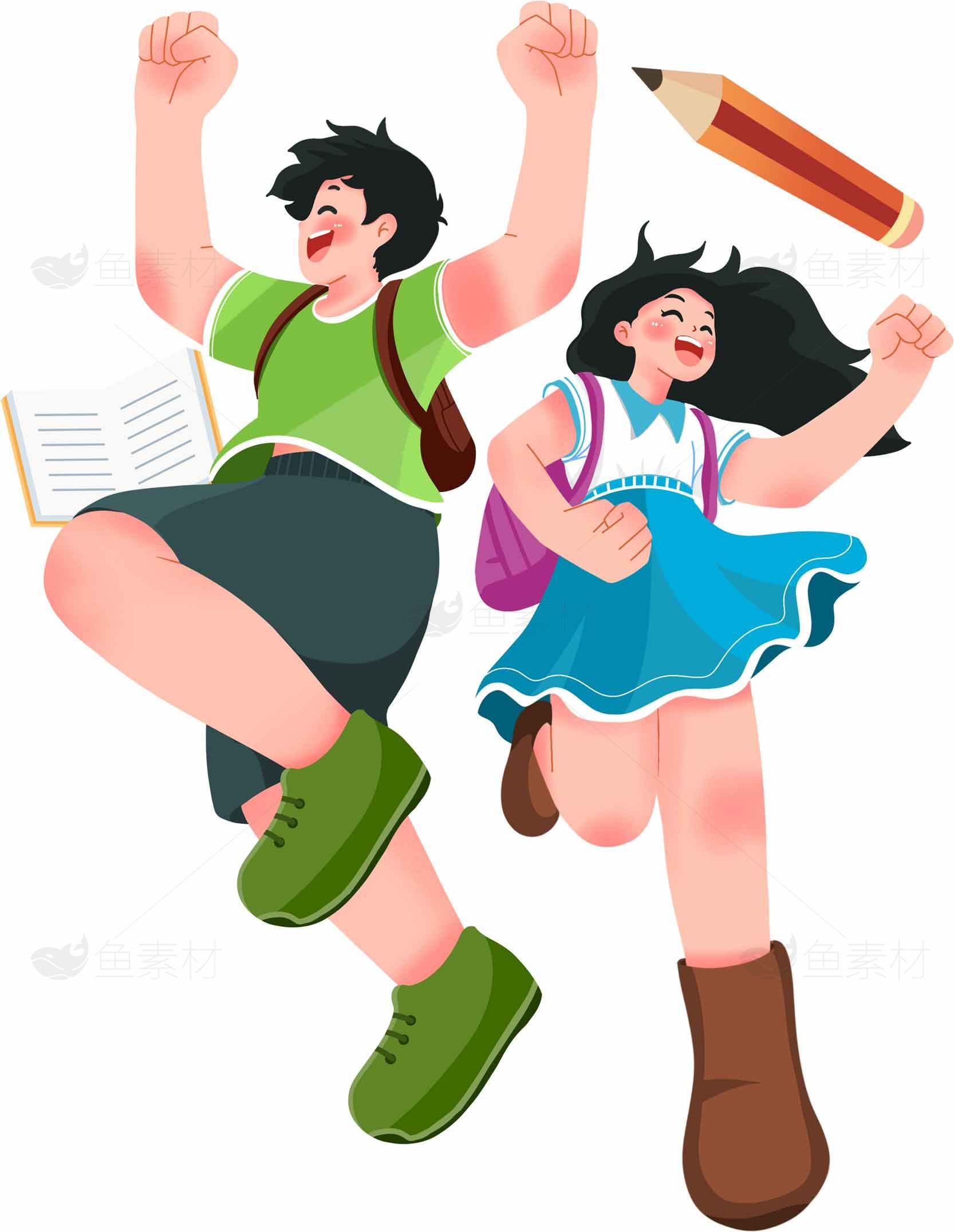 学生跳跃庆祝教育成功的卡通插画素材