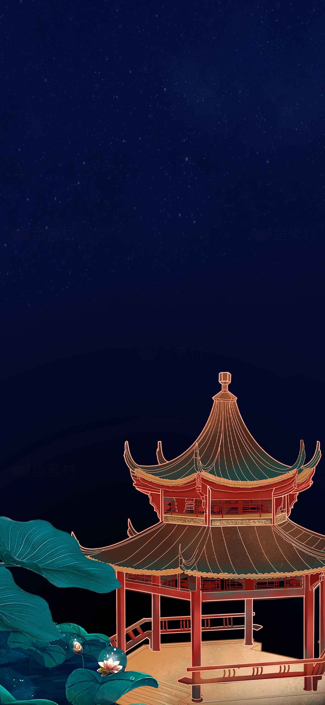 中国传统亭子夜景插画背景素材