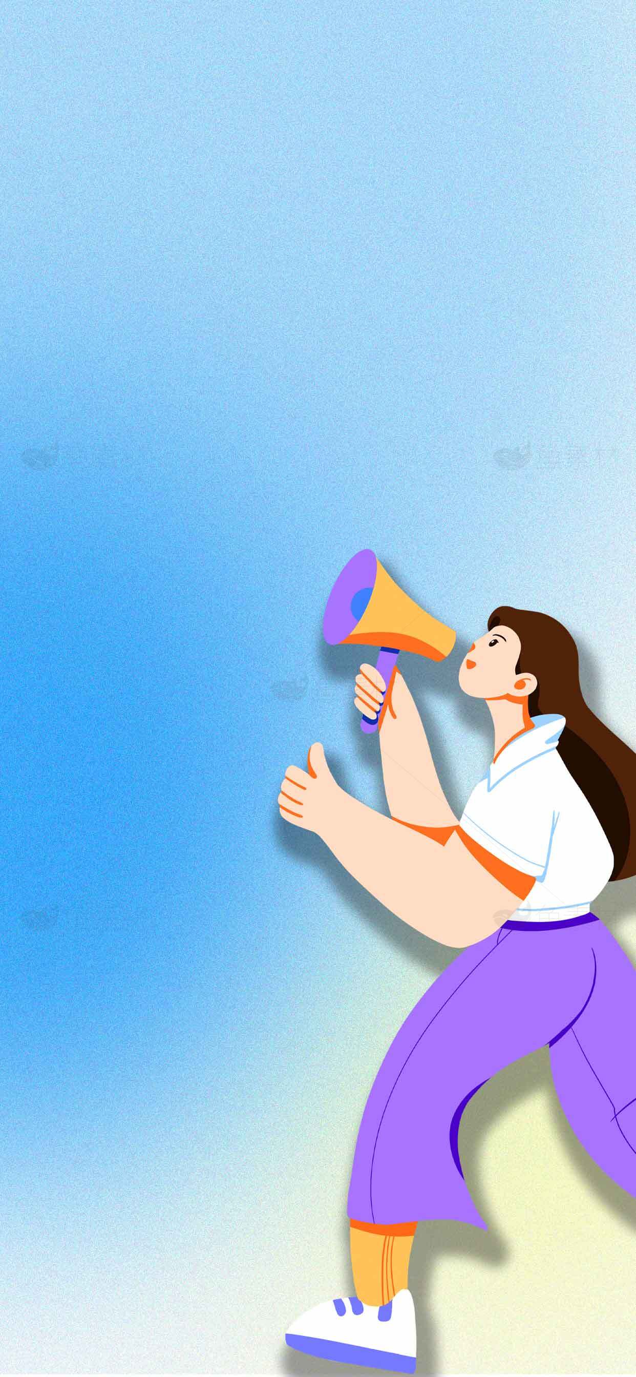 创意插画：女性手持扩音器宣传场景素材