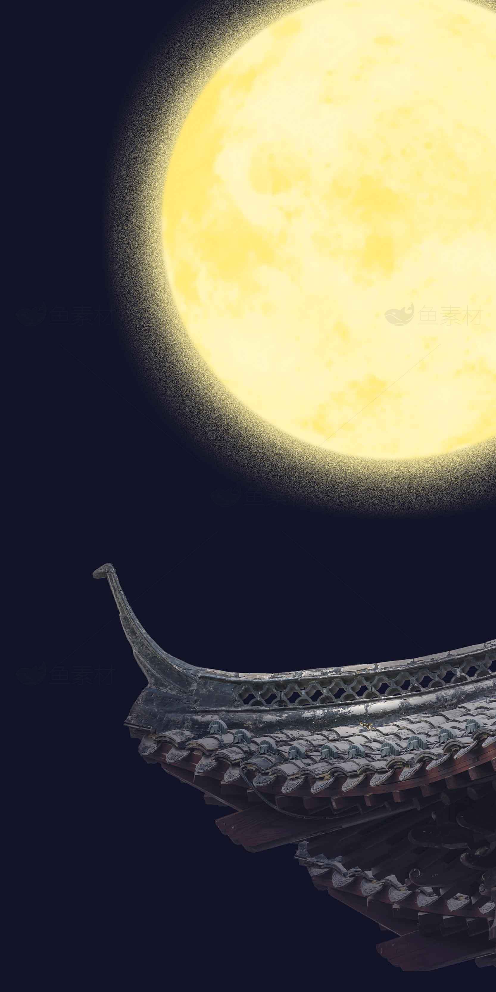 中秋夜的明月与古建筑屋檐唯美意境素材