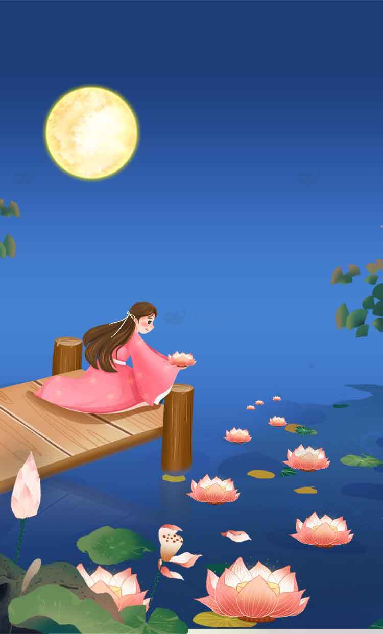 中秋节夜晚赏月与放河灯唯美插画素材