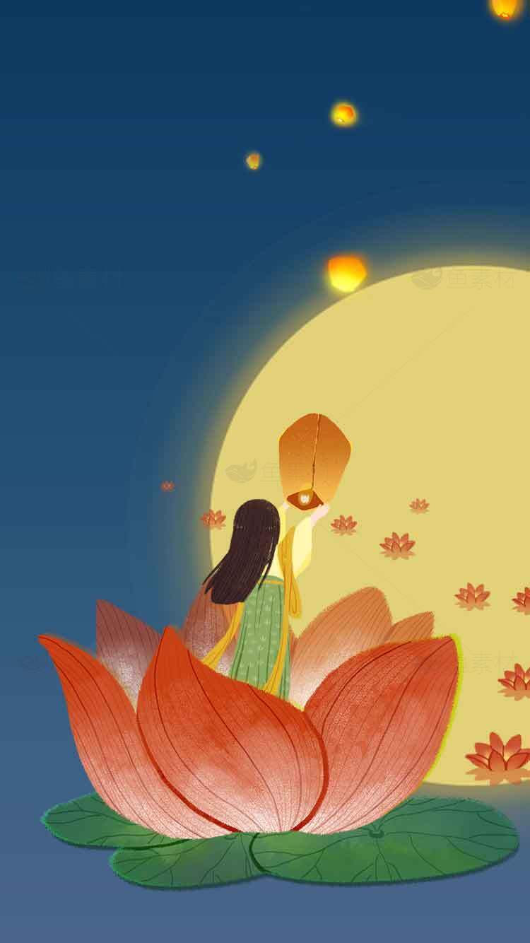 中秋节唯美插画：莲花与明月相映素材