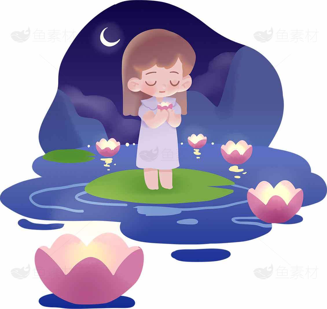 夜晚莲花池中的祈祷女孩插画素材