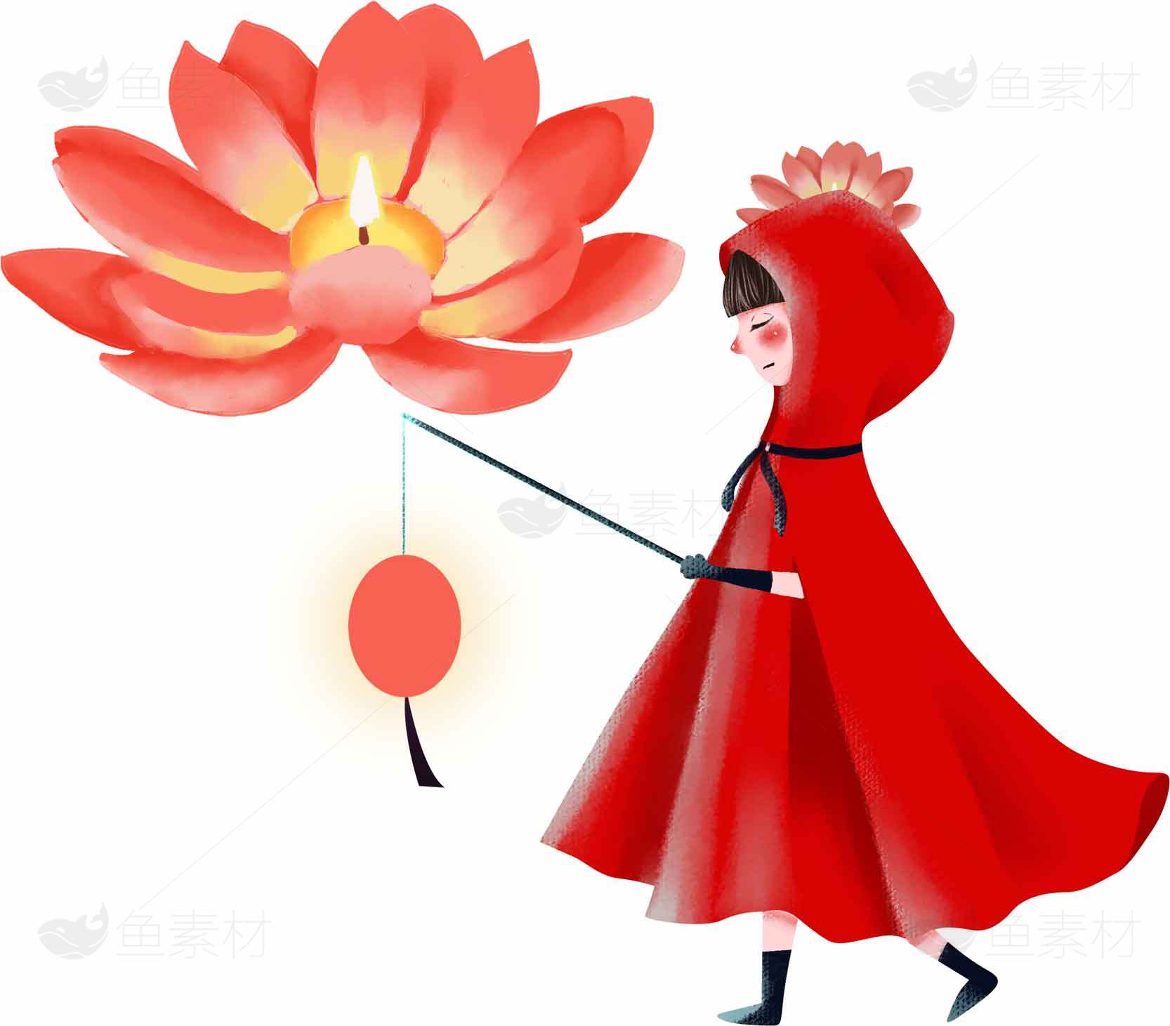 红衣女孩与莲花灯的唯美插画素材