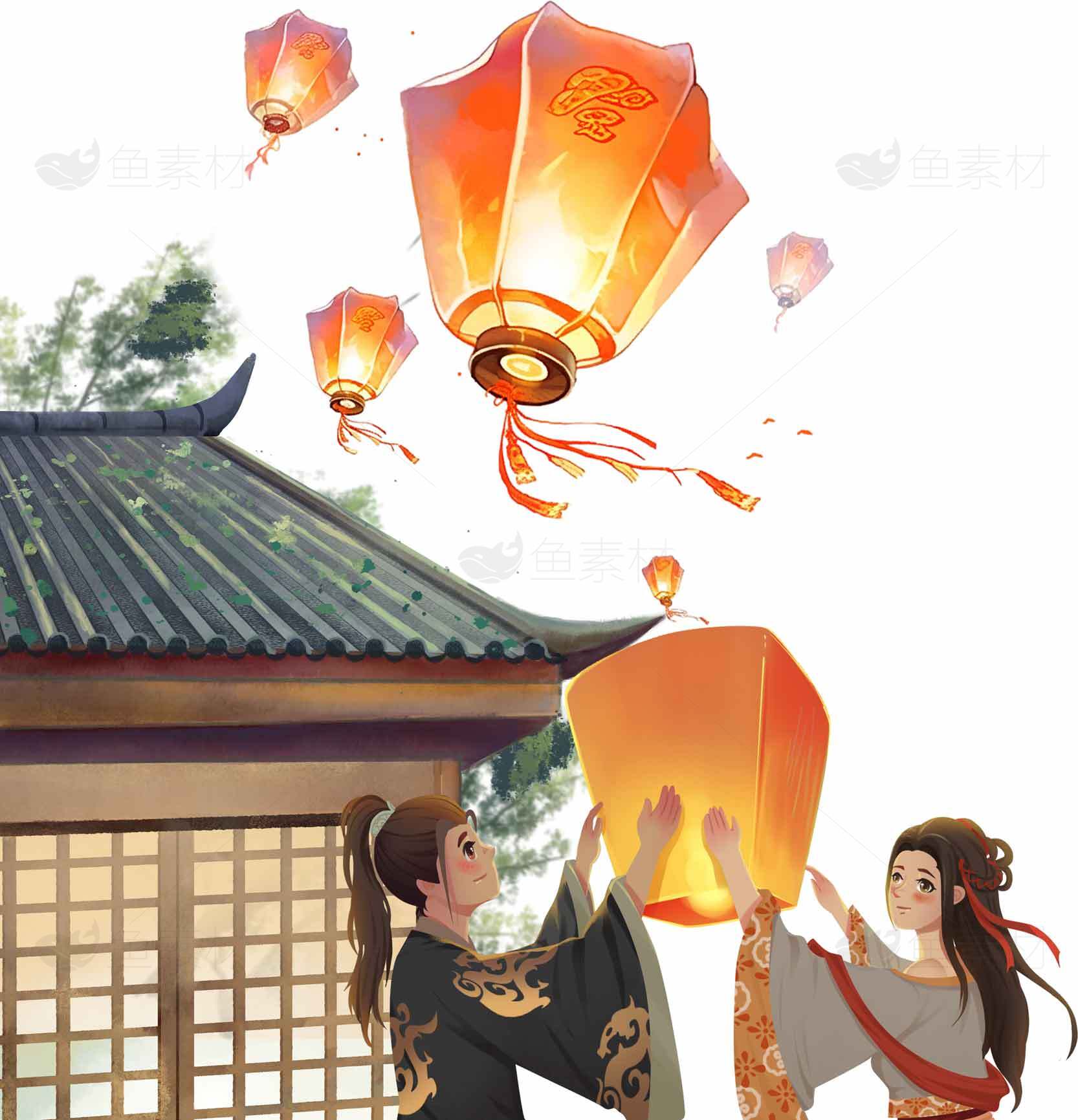 古风灯笼节场景插画素材