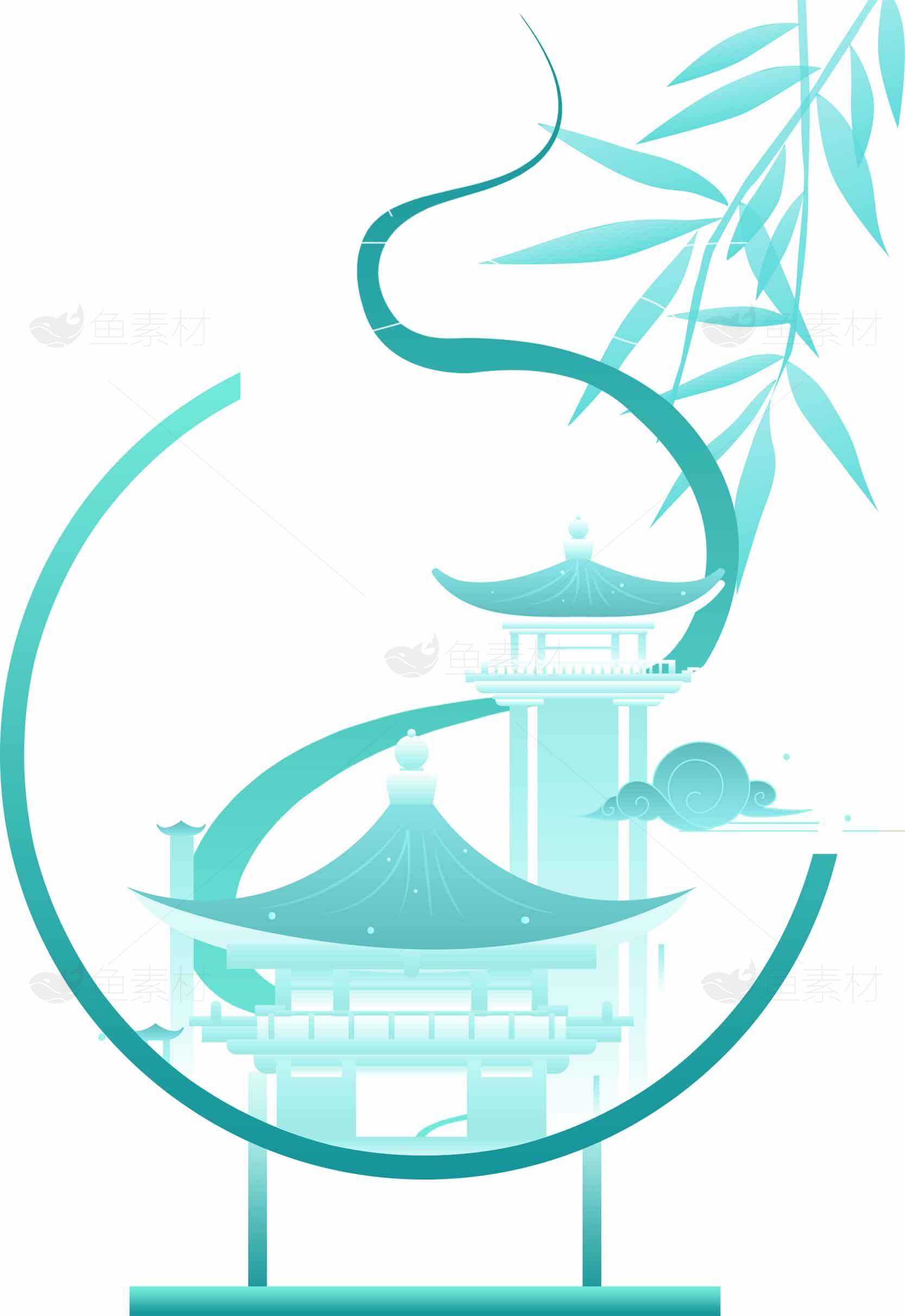 中国风竹林与古建筑插画设计素材