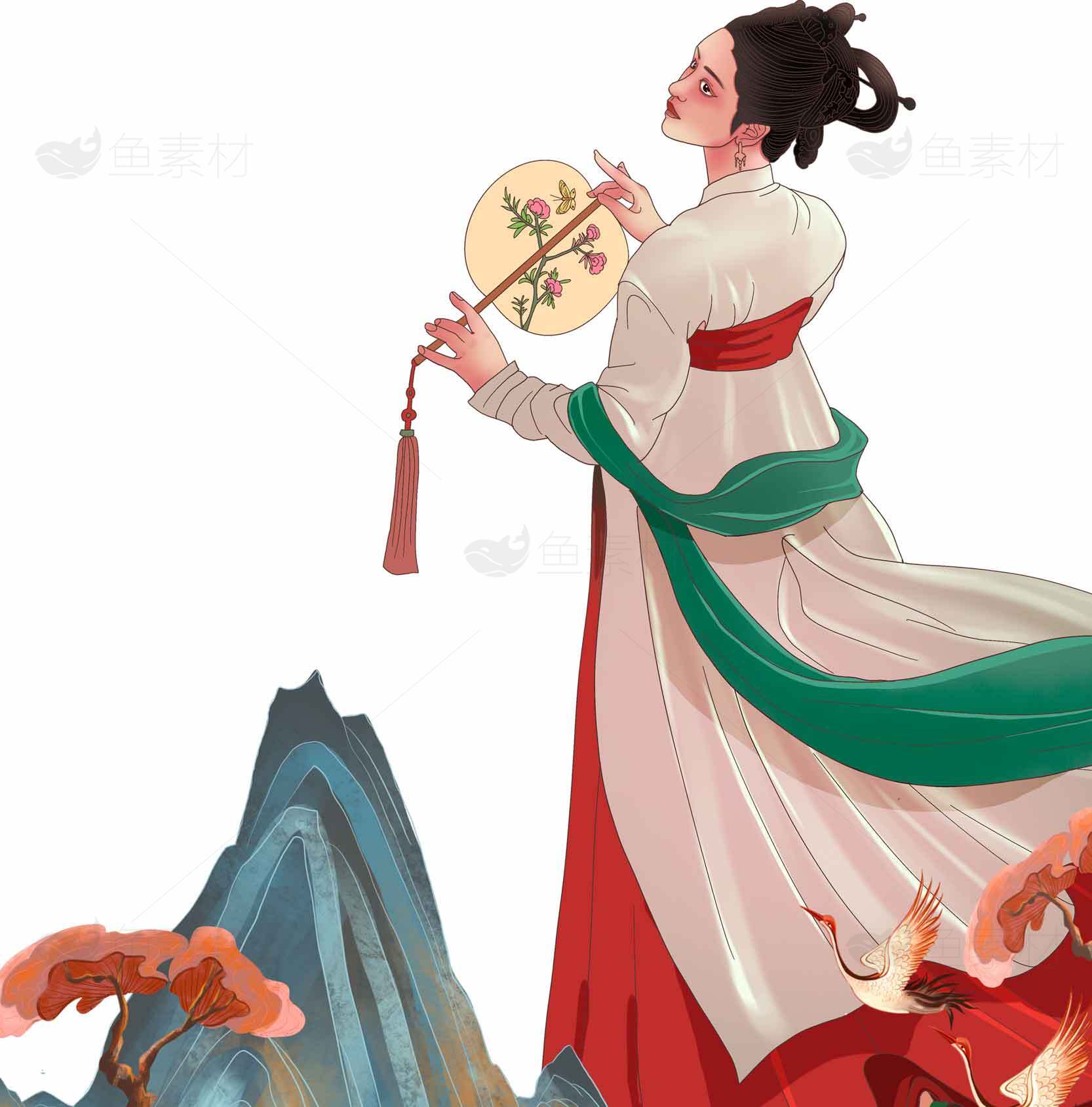 古风仕女手持团扇插画设计素材