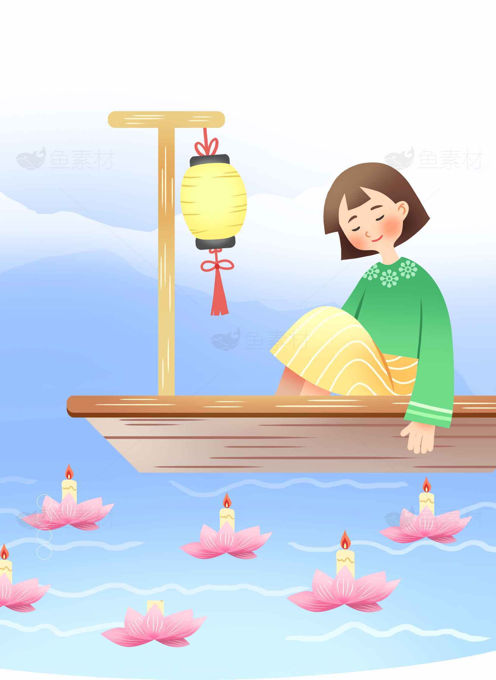 唯美水上灯笼少女插画图片素材