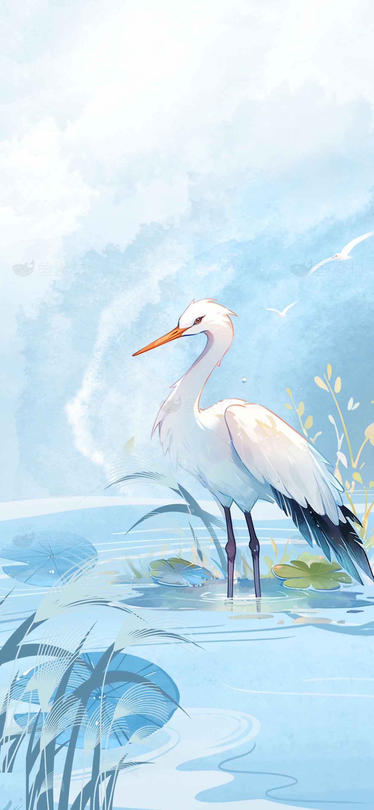 唯美水墨风白鹭插画图片素材