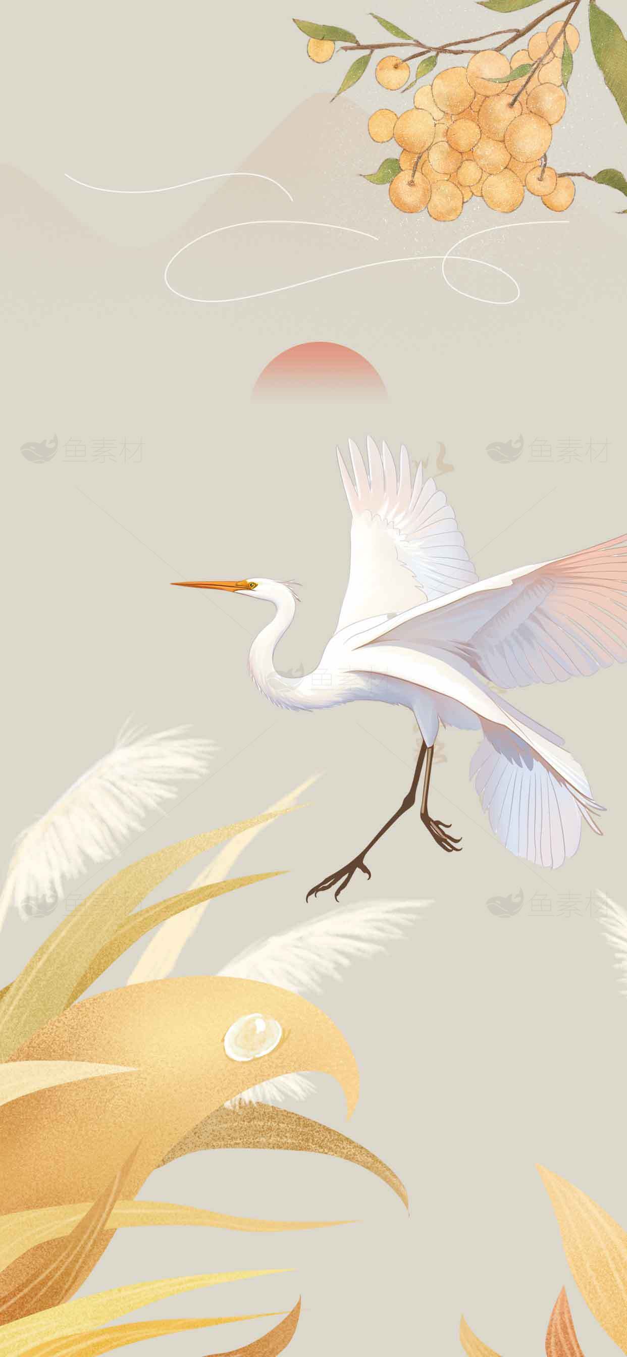 唯美水墨风白鹭飞翔插画背景素材