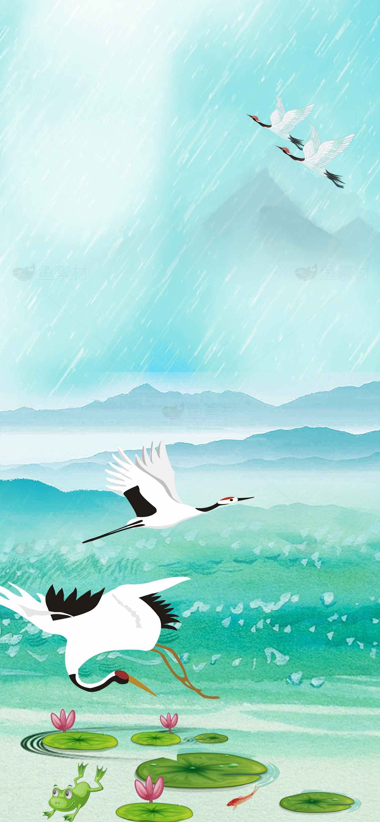 唯美水墨丹顶鹤与荷塘风景插画素材