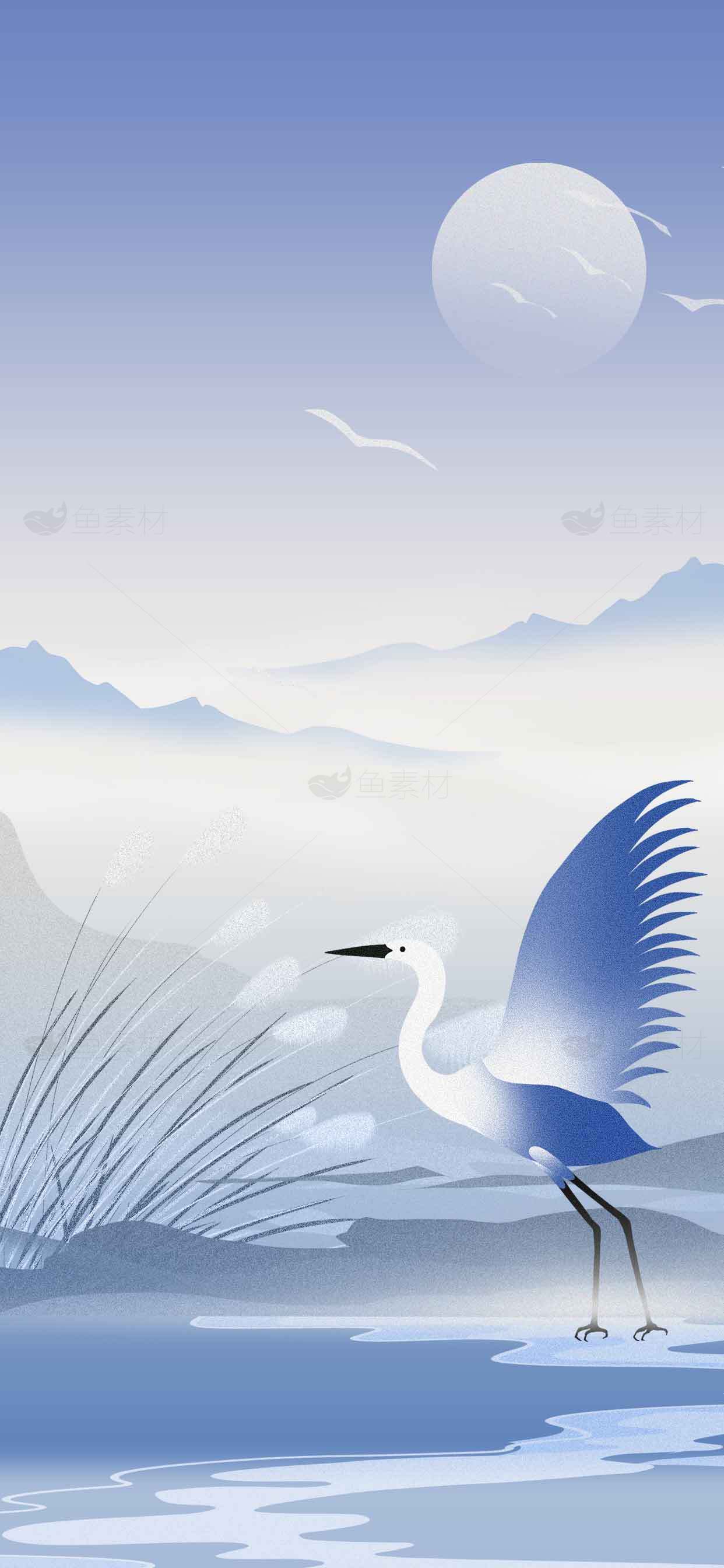 唯美水墨风白鹭与山水月夜背景图片素材