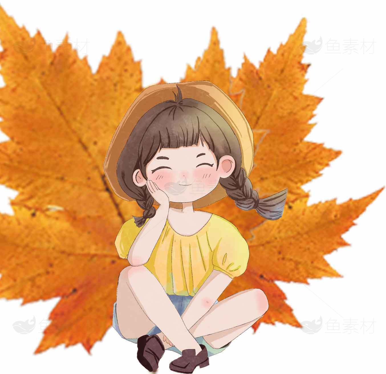 秋季卡通女孩与枫叶背景插画素材