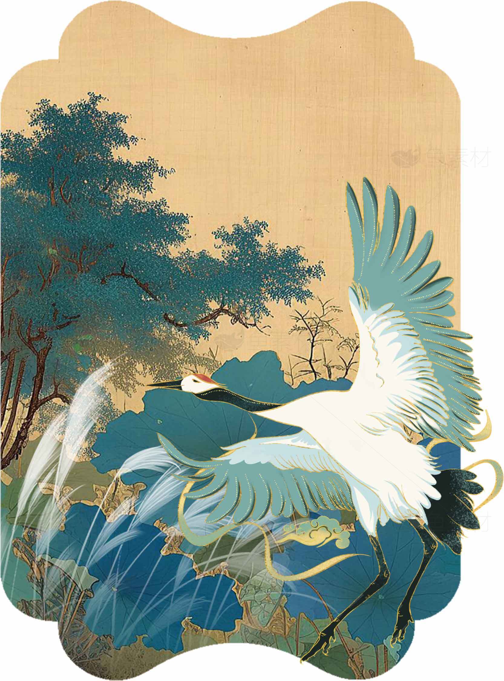 国风水墨丹顶鹤艺术插画素材