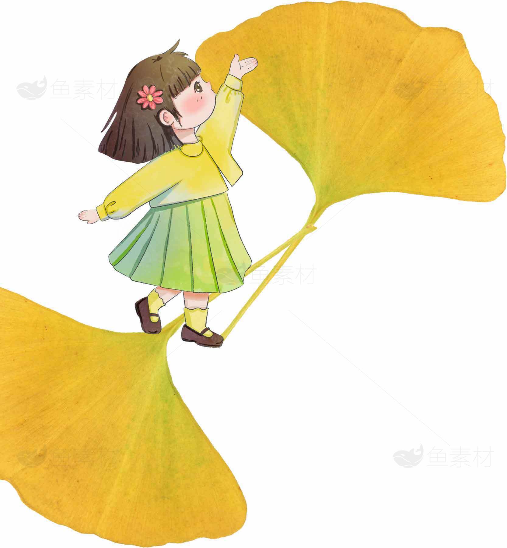 童趣插画：女孩与银杏叶的奇幻旅程素材