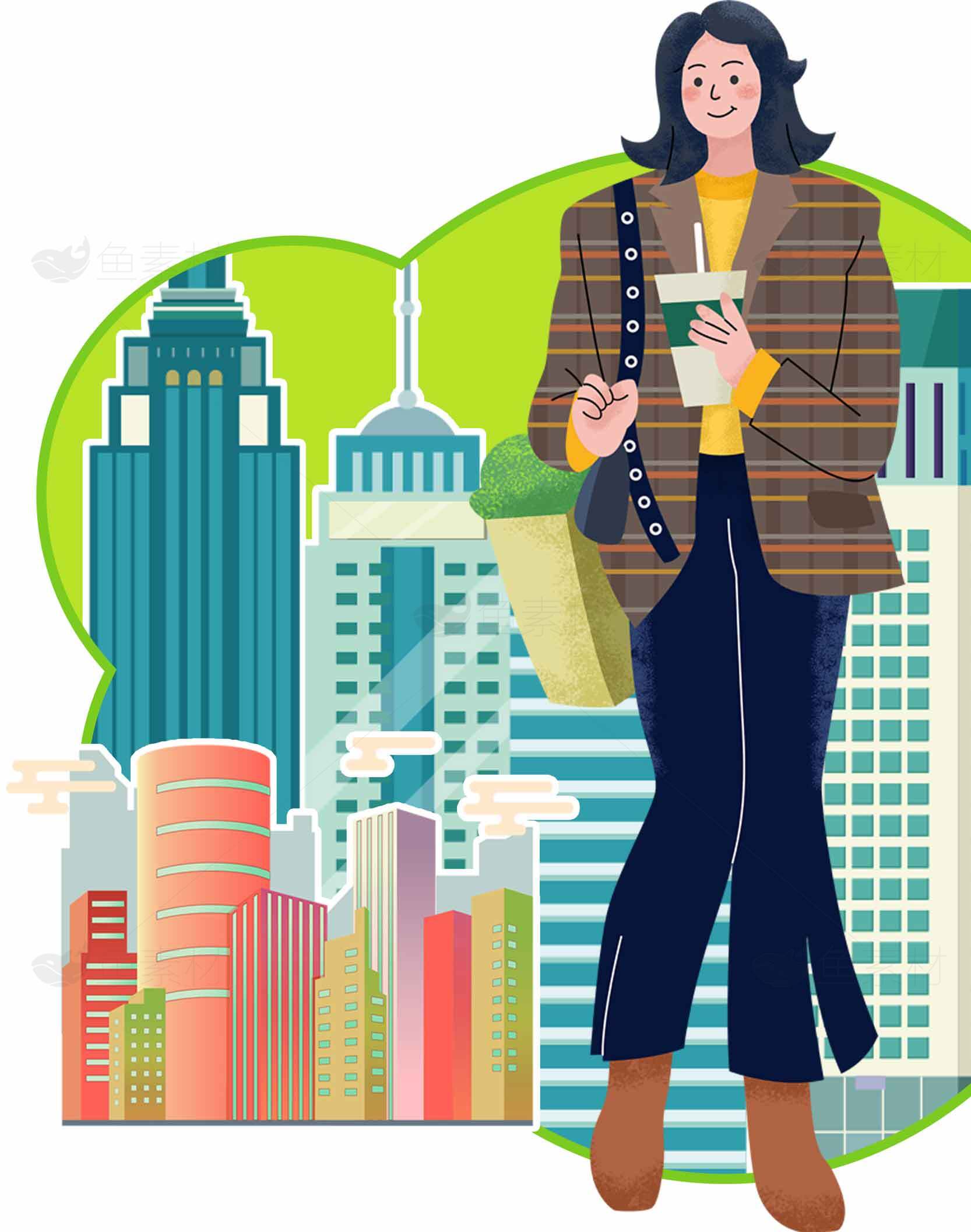 都市时尚女性插画：咖啡与购物袋的完美搭配素材