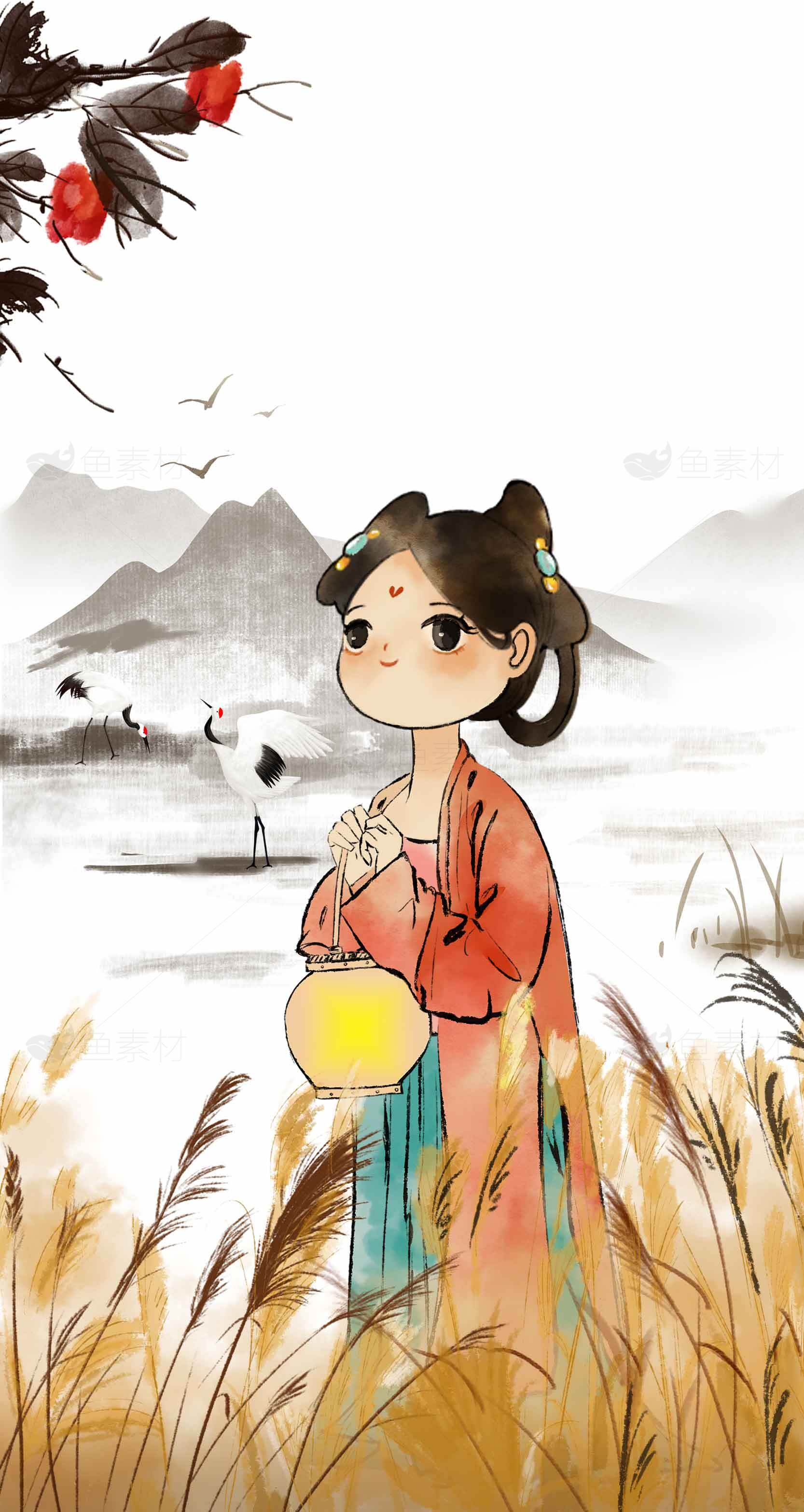 古风插画少女手持灯笼田园风景素材