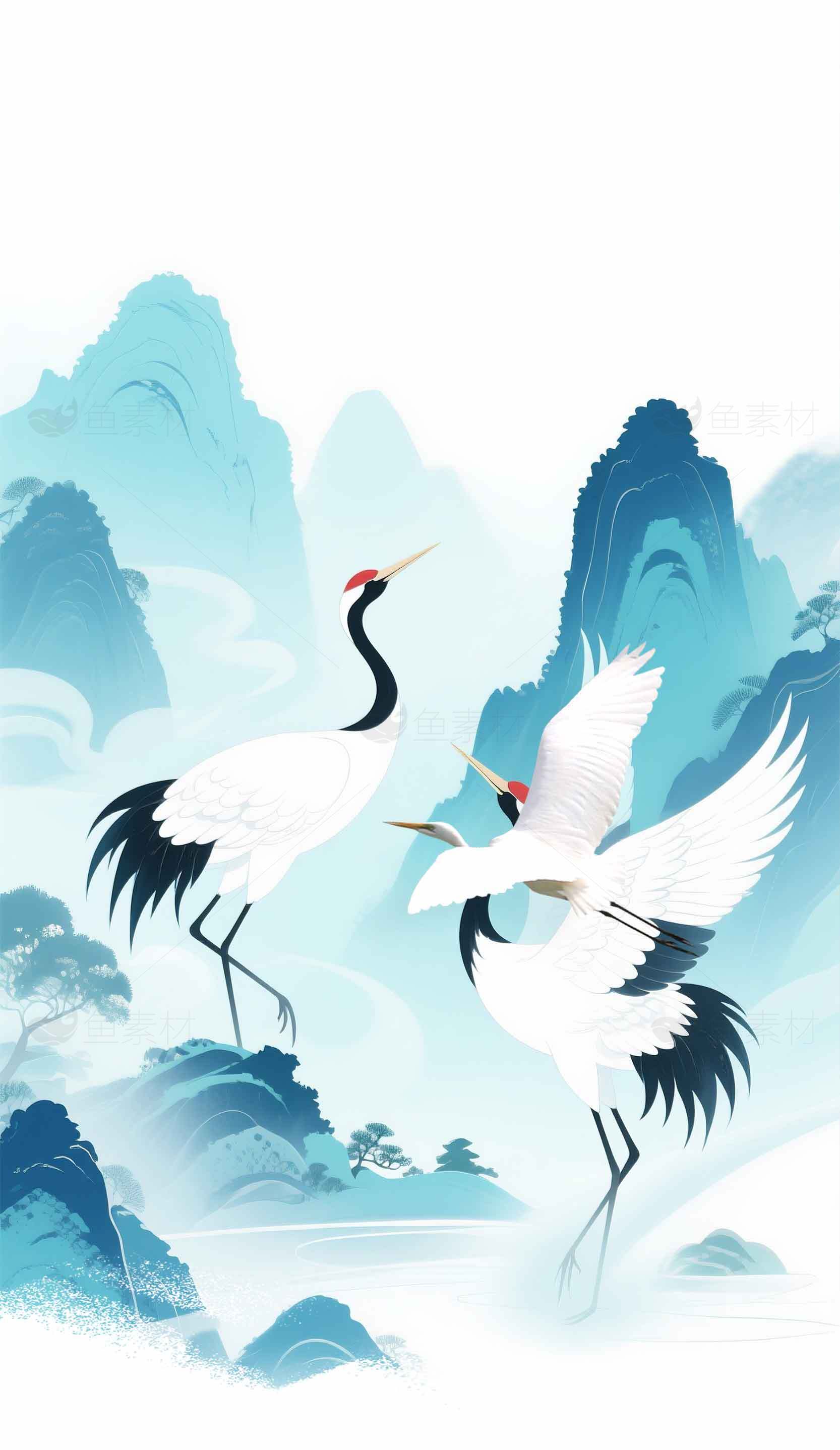 国风水墨丹顶鹤山水画背景图片素材