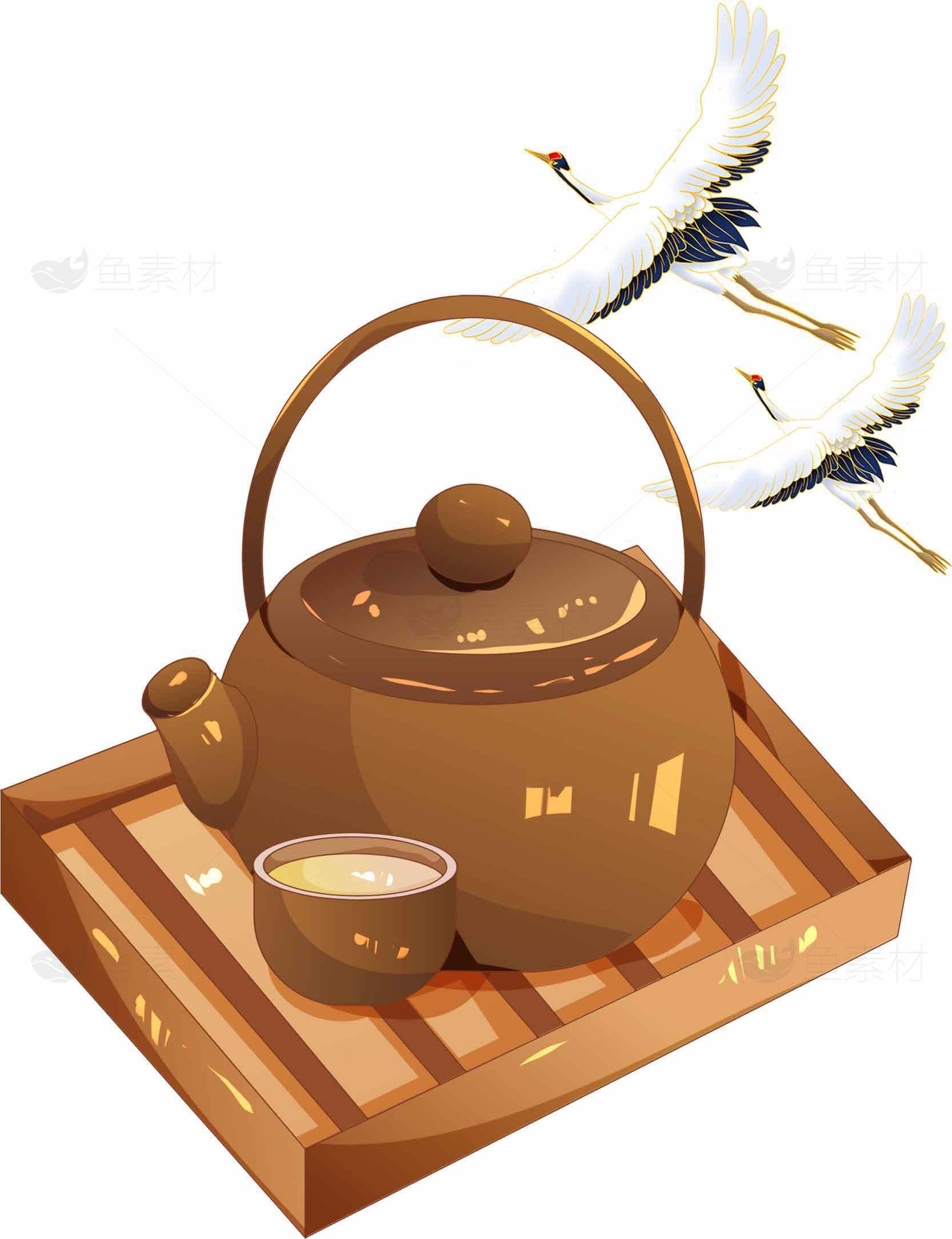 中式茶壶与仙鹤插画设计素材