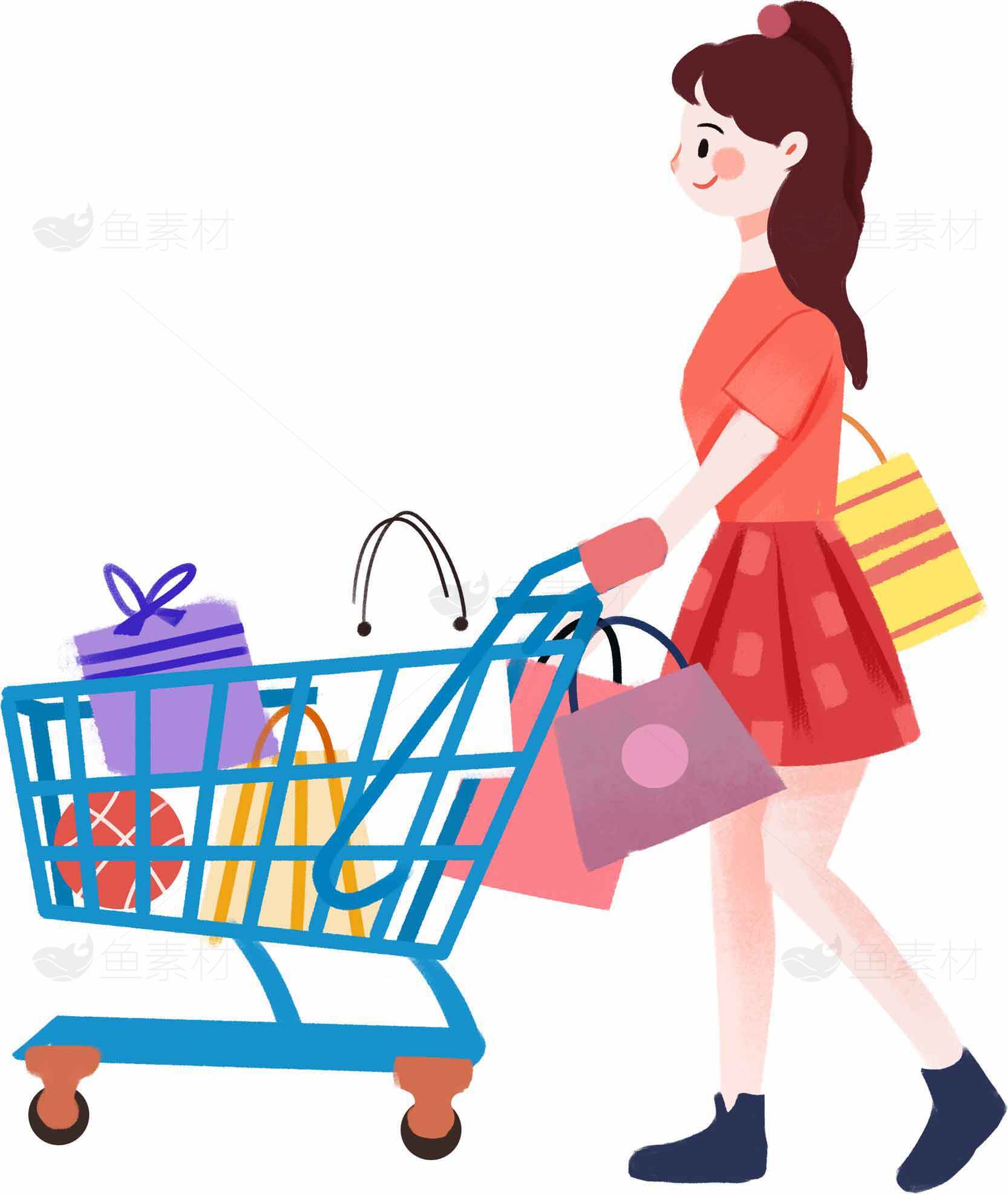 购物女孩插画：轻松购物的快乐时光素材