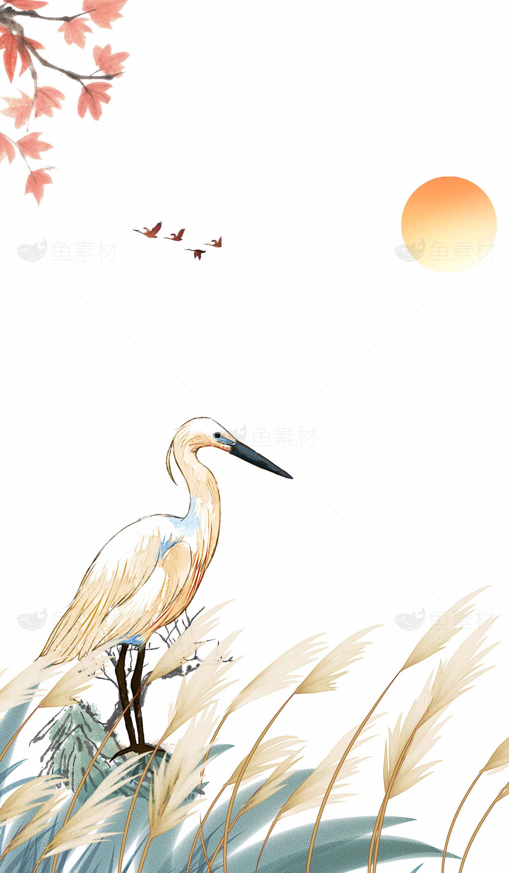 秋日白鹭与夕阳唯美插画素材