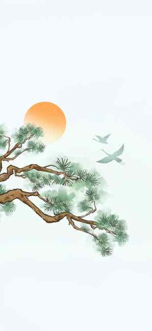 中国风水墨画松树与飞鸟日出背景