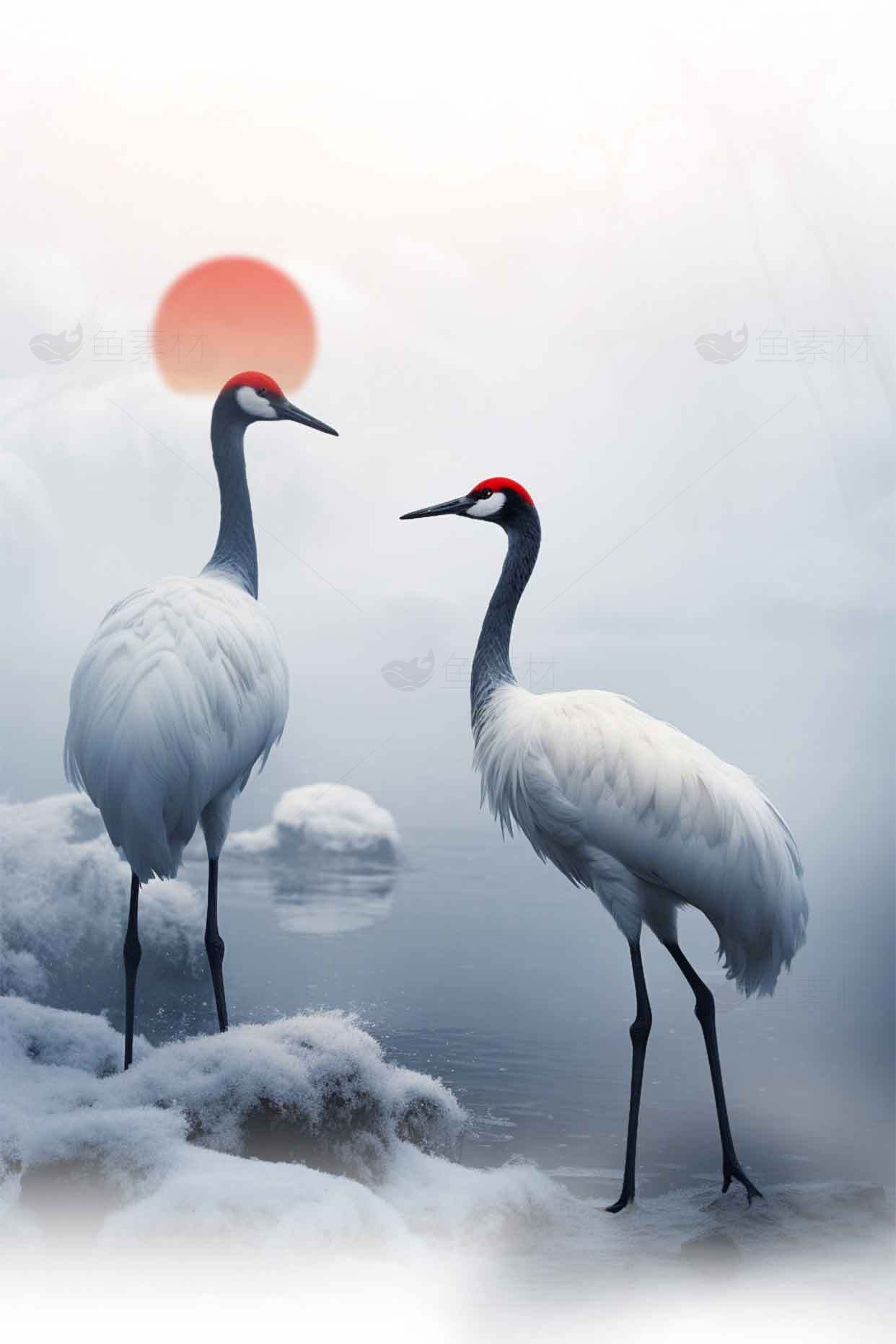 冬日雪景中的丹顶鹤与红日美景素材
