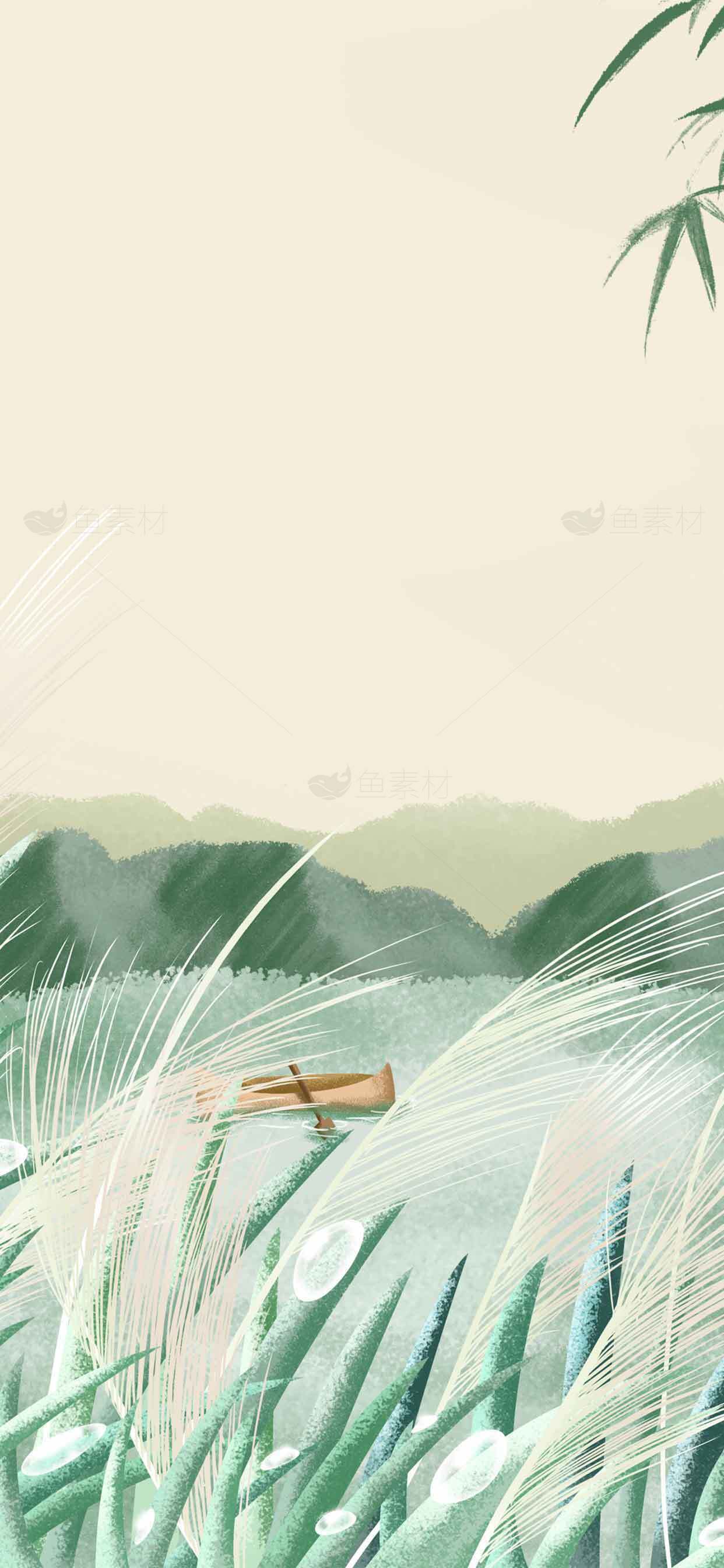 清新自然风景插画：竹林与小舟的唯美意境素材