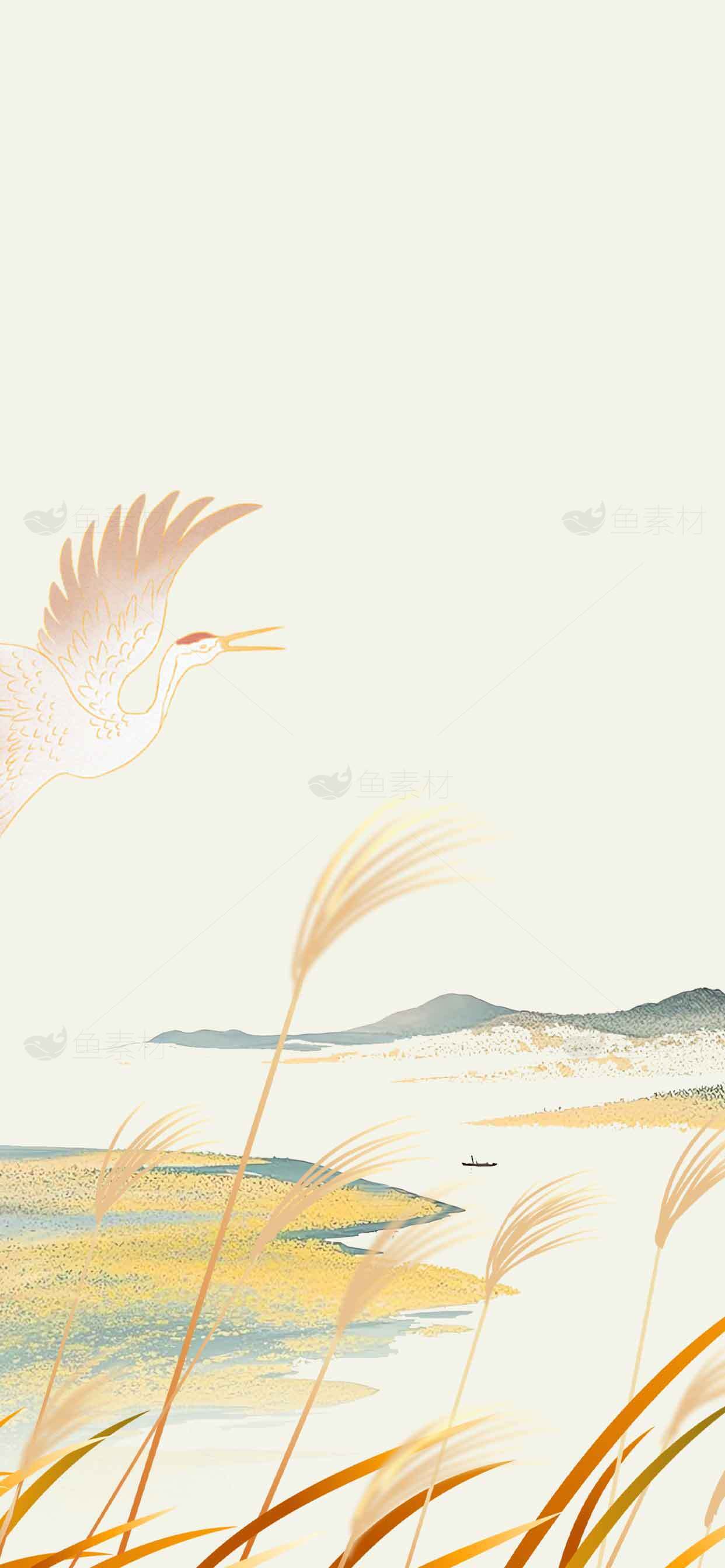 唯美水墨风景插画：芦苇与白鹭的诗意画卷素材